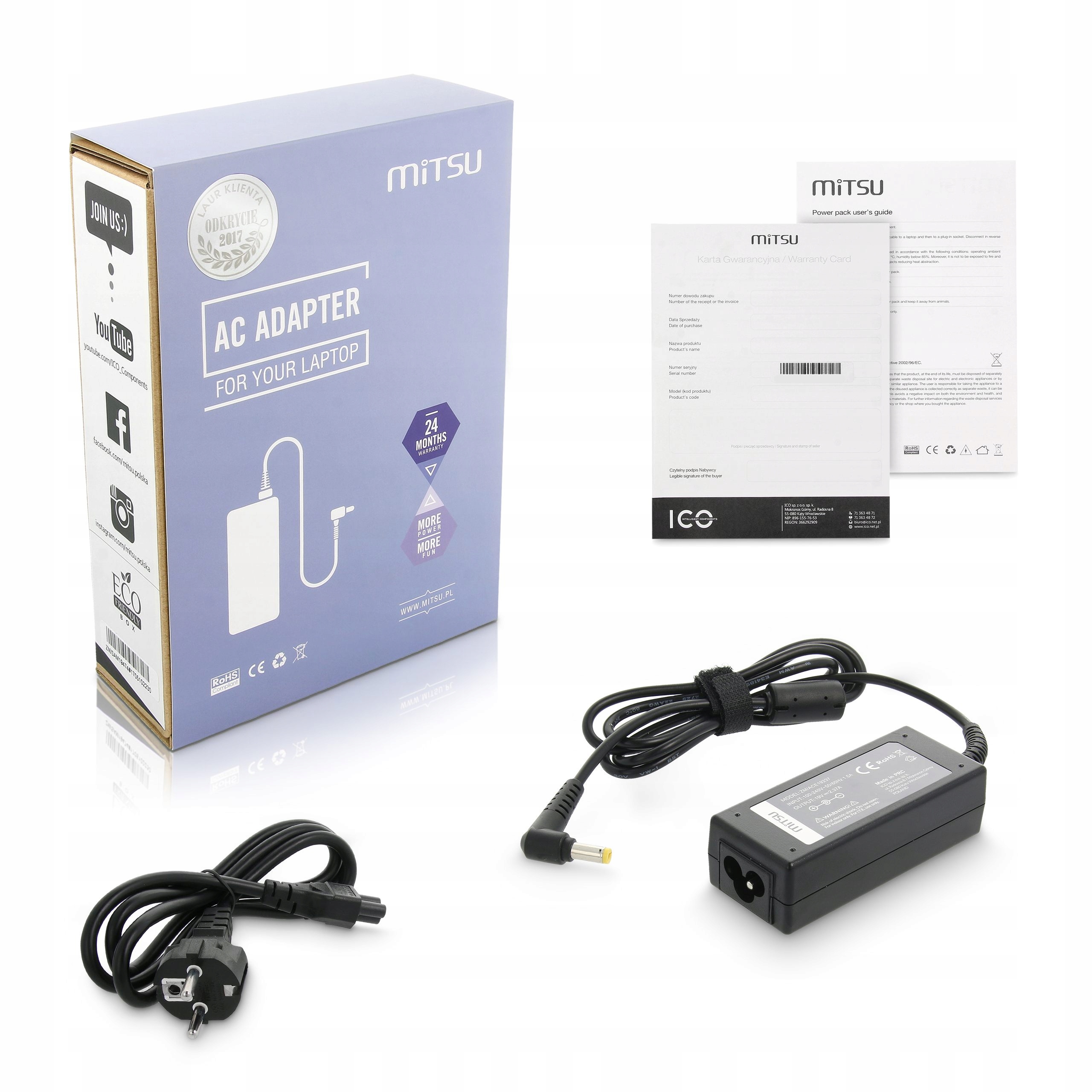 

Zasilacz Mitsu 19v 2.37a (5.5x1.7) 45W do Acer