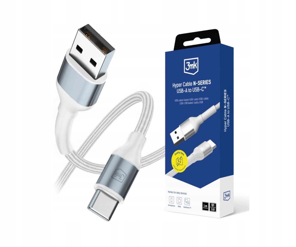 Kabel 3mk Hyper Cable N- Series Usb- A Usb- C 1m 9V/ 2A 18W biały 3mk