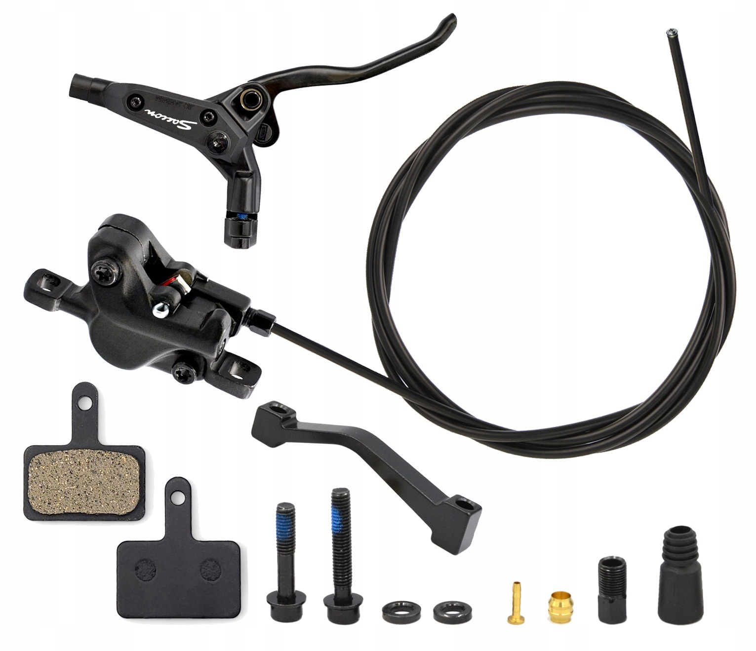 Hamulec hydrauliczny tył, komplet, klamka, zacisk, przewód, adapter, klocki