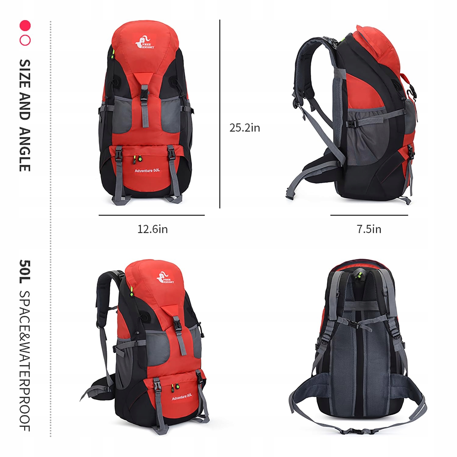 BSEASH 50L Lekki Wodoodporny Plecak Turystyczny Outdoor Czerwony — miniatura 2