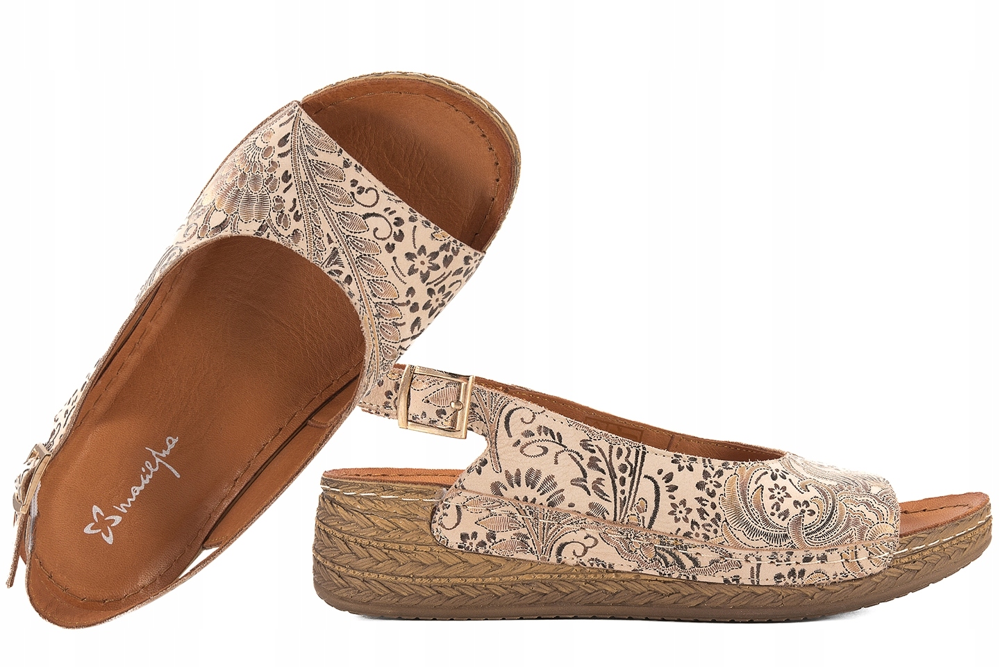 Maciejka L7069-04 Dámské Kožené Sandály Komfort Koturn béžové květy 41 Béžová