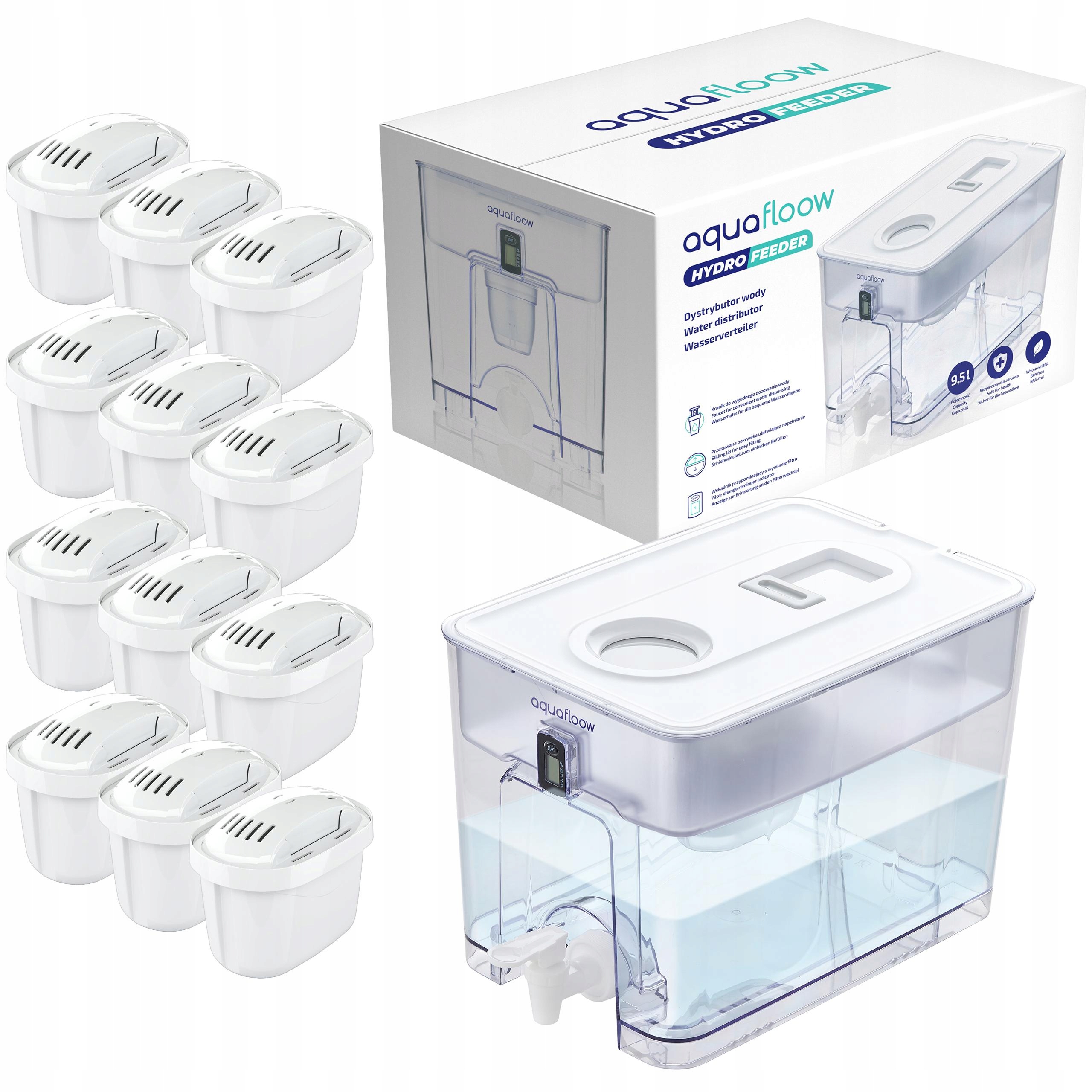AquaFloow XL: veľký dávkovač vody 9,5 l 12x vodný filter AquaFloow Maxi