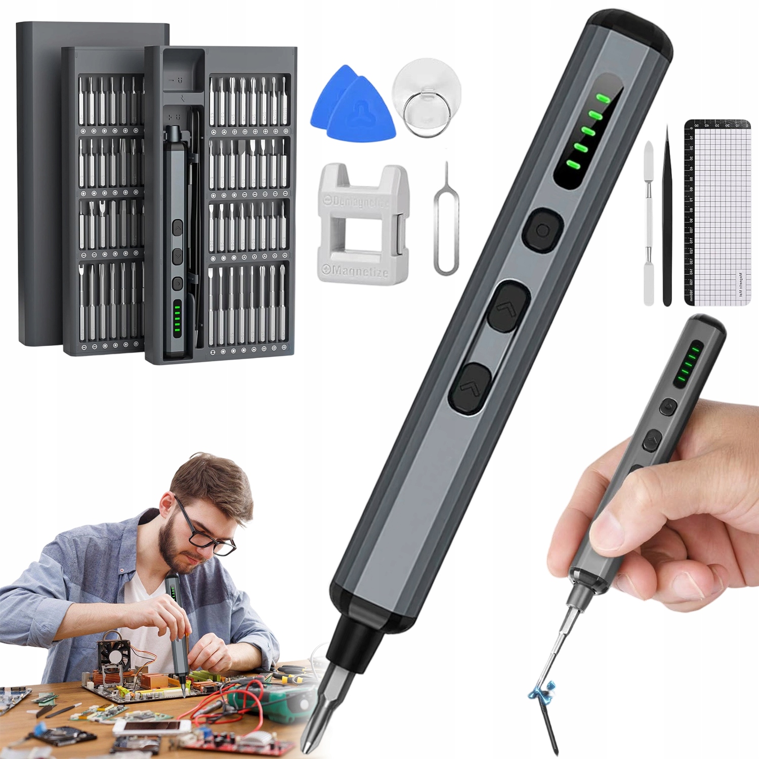 Zestaw Wkrętak Akumulatorowy Śrubokręty Precyzyjne Elektryczny 74w1 Etui