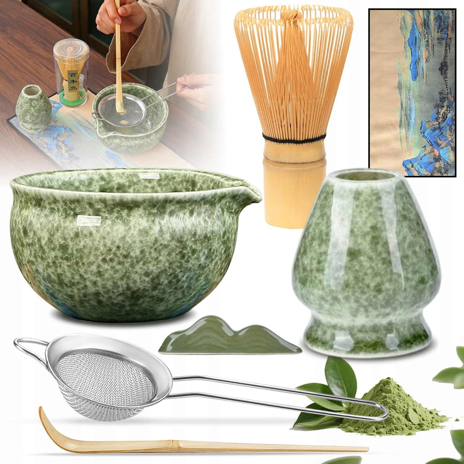Zestaw Prezentowy Do Herbaty Matcha Czarka Miotełka Podstawka Łyżeczka