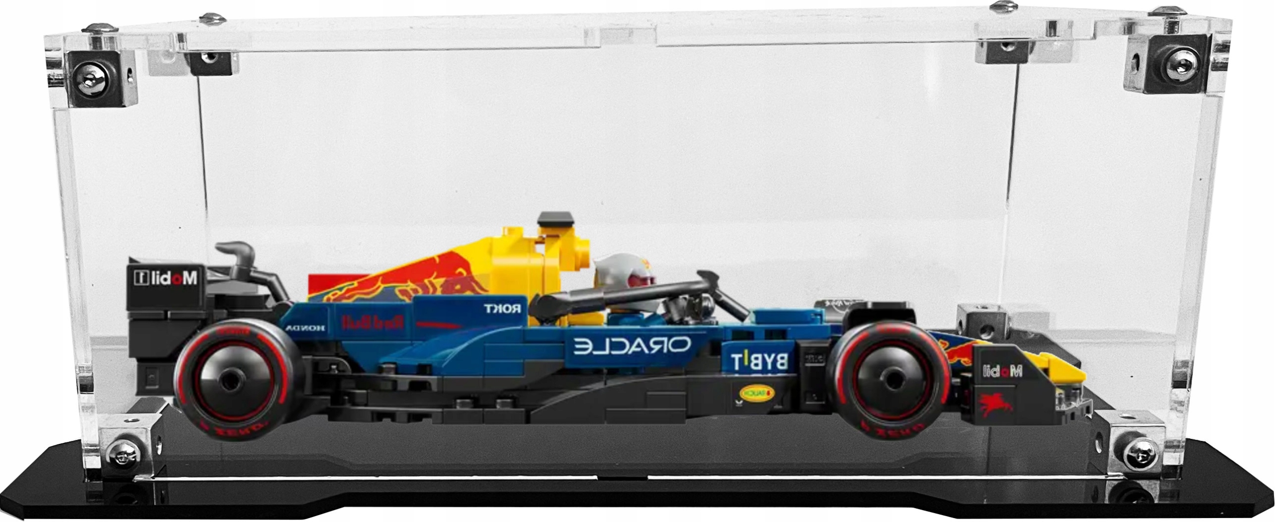 Vitrína s černou základnou pro stavebnici Lego 77243 Formule F1 Oracle Red Bull