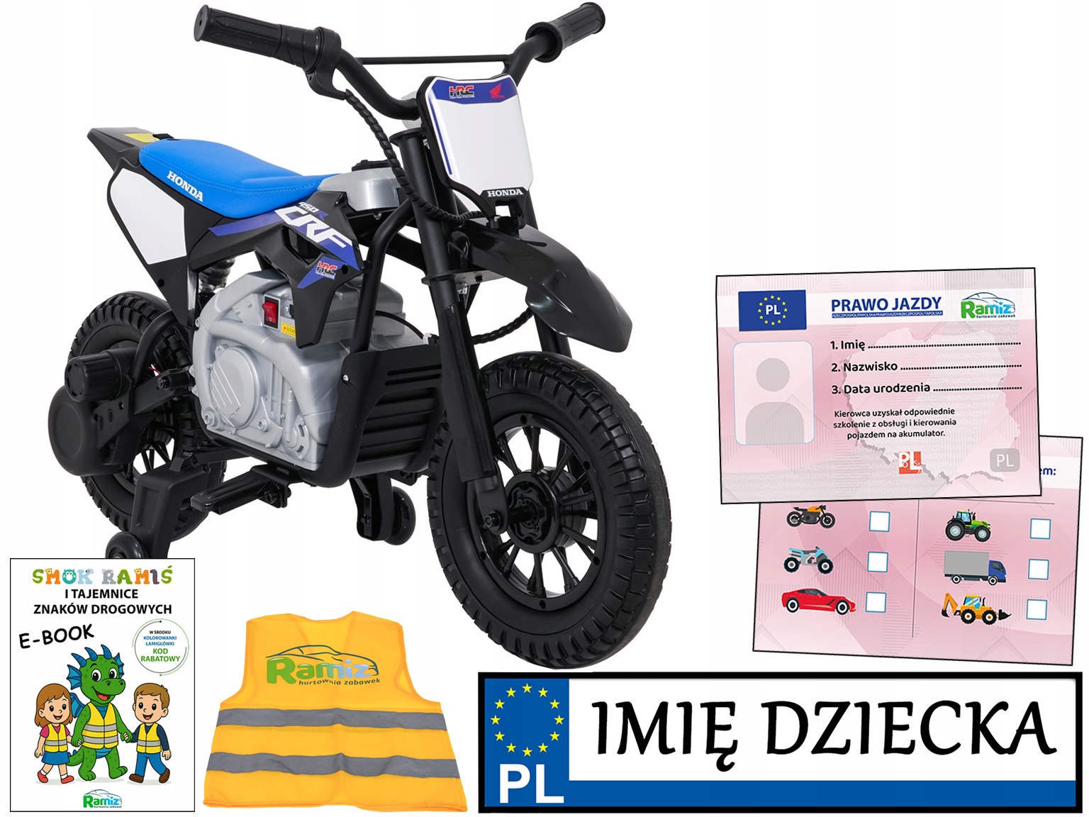 motorek na akumulator Honda CFR450R boczne kółka do nauki jazdy