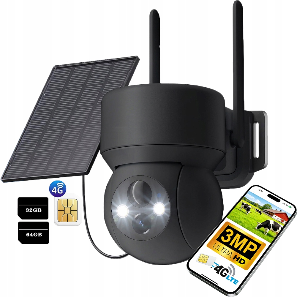 Venkovní Solární Ip Kamera Na Sim Kartu 4G Lte Otočná s paměťovou kartou