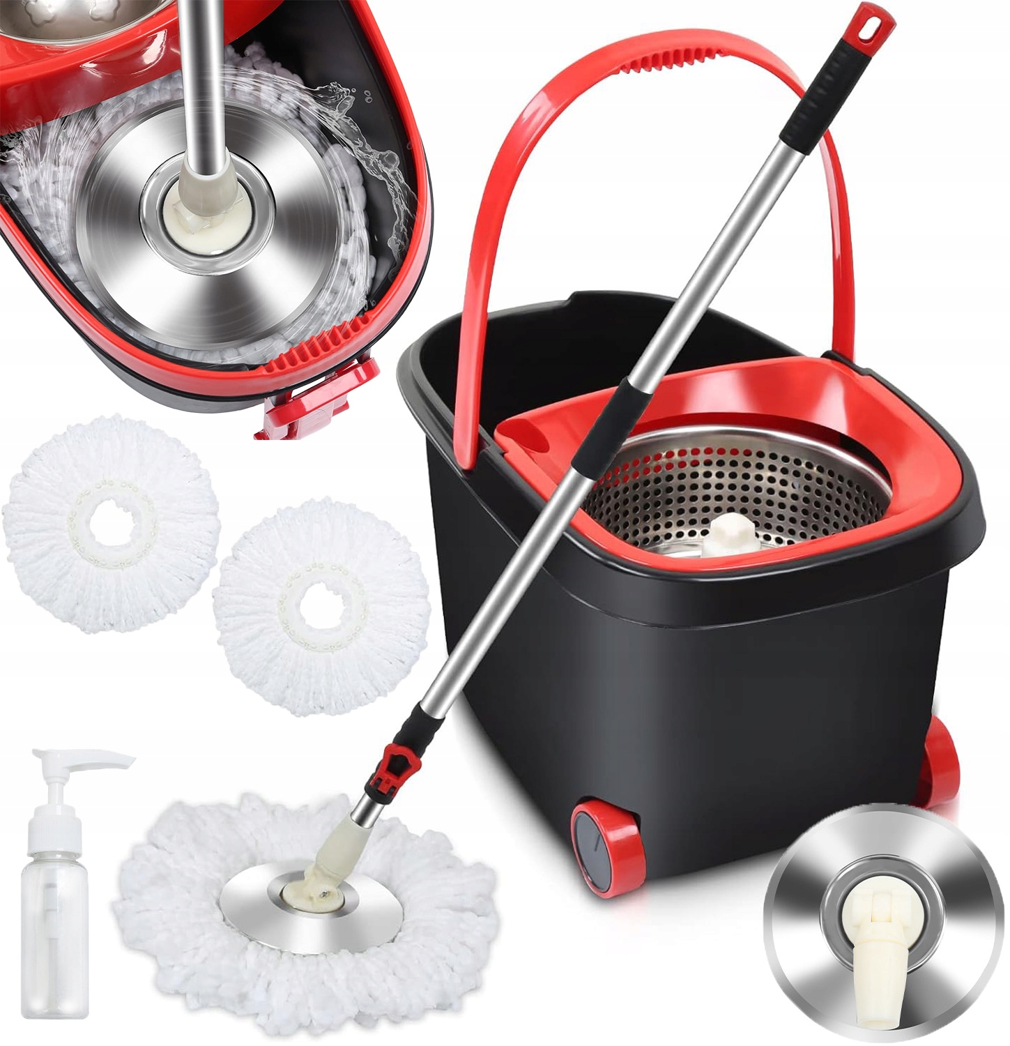 Levně Plochý Mop S Dvoukomorovým Kbelíkem, 3 Utěrky Z Mikrovlákna 360 Spin, Černá Barva