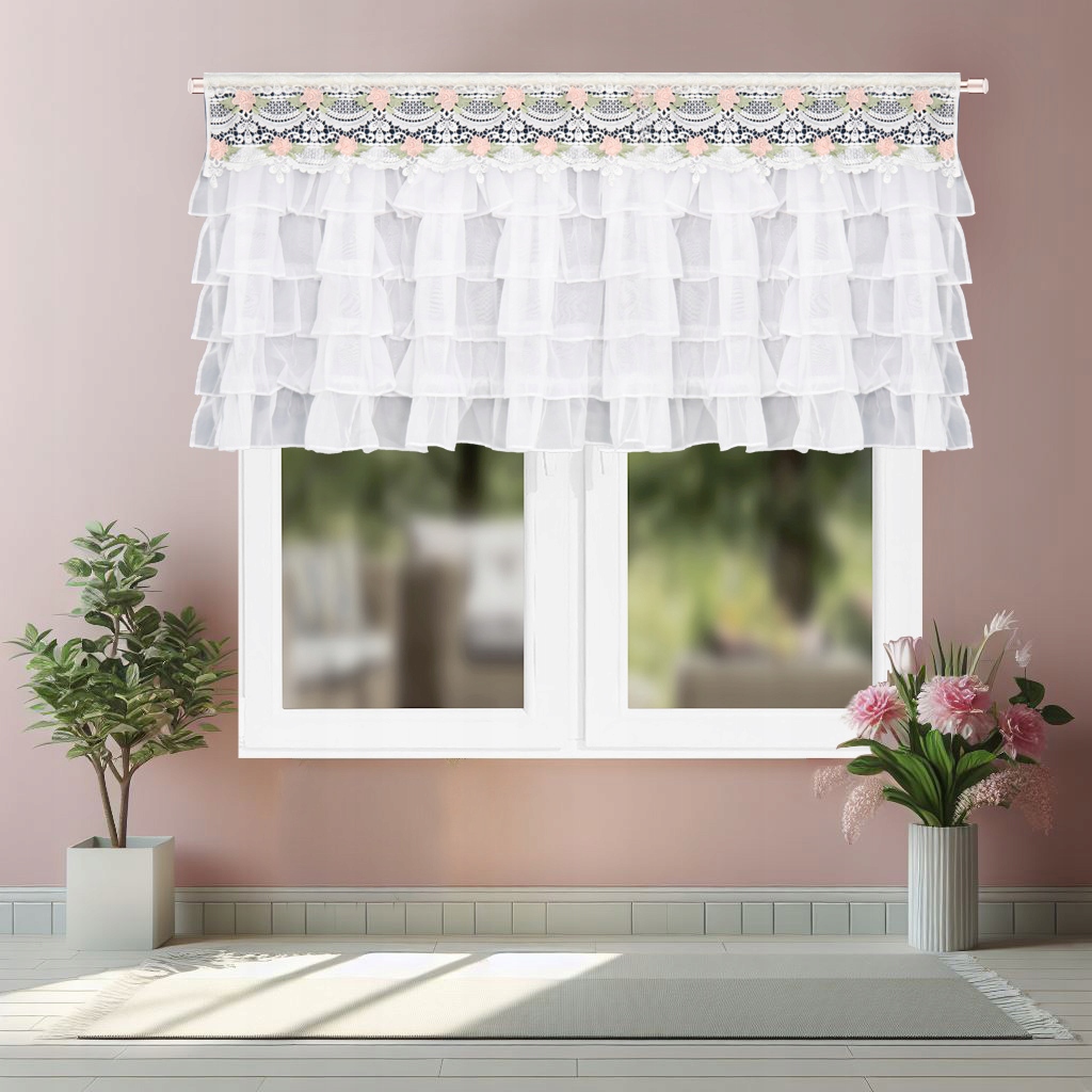 FIRANA GOTOWA z FALBANAMI ZAZDROSTKA FIRANKA z GIPIURĄ WOAL na TAŚMIE Wzór klasyczny