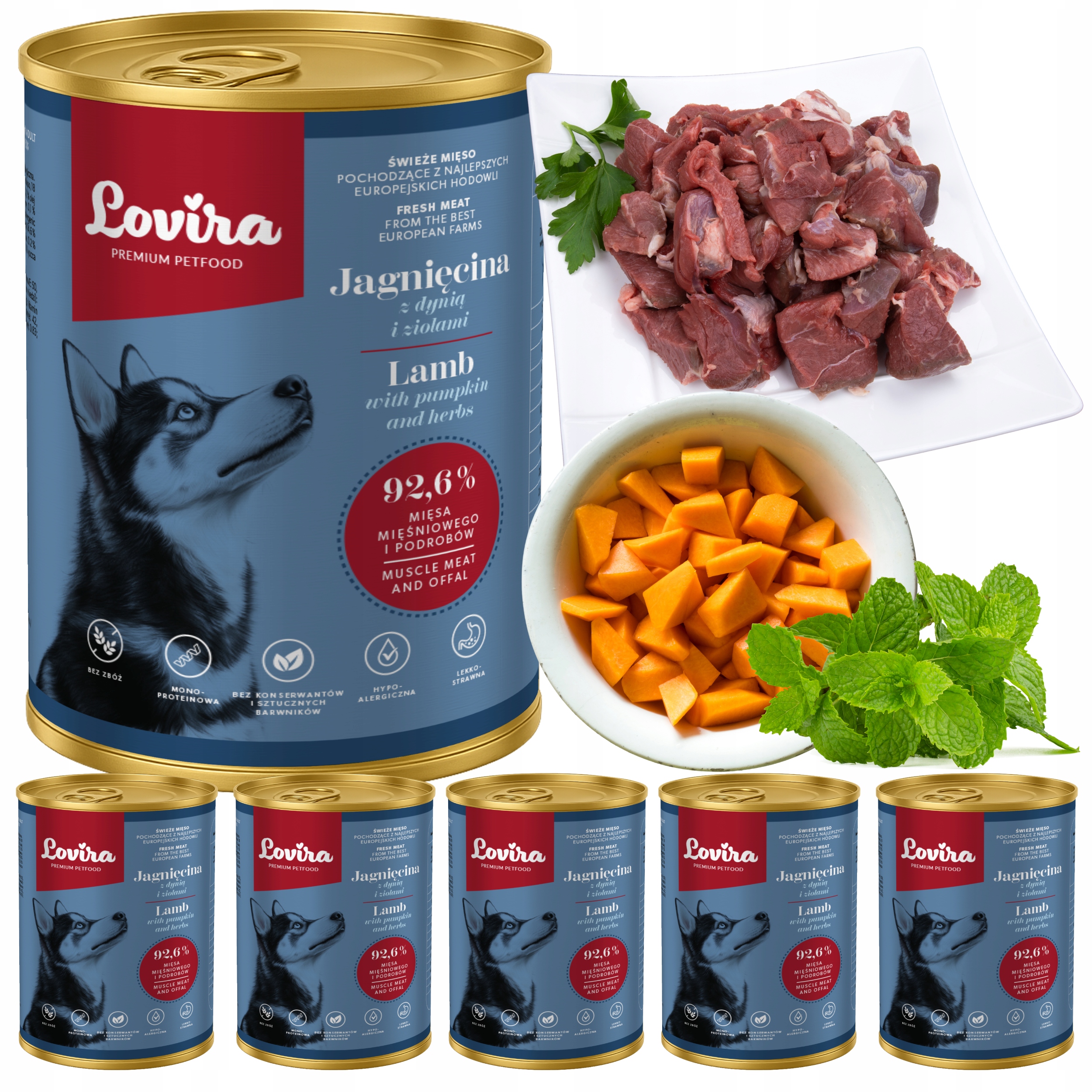 Levně Vlhké Krmivo pro psa Jehněčí 92,6% maso Lovira 2,4 kg