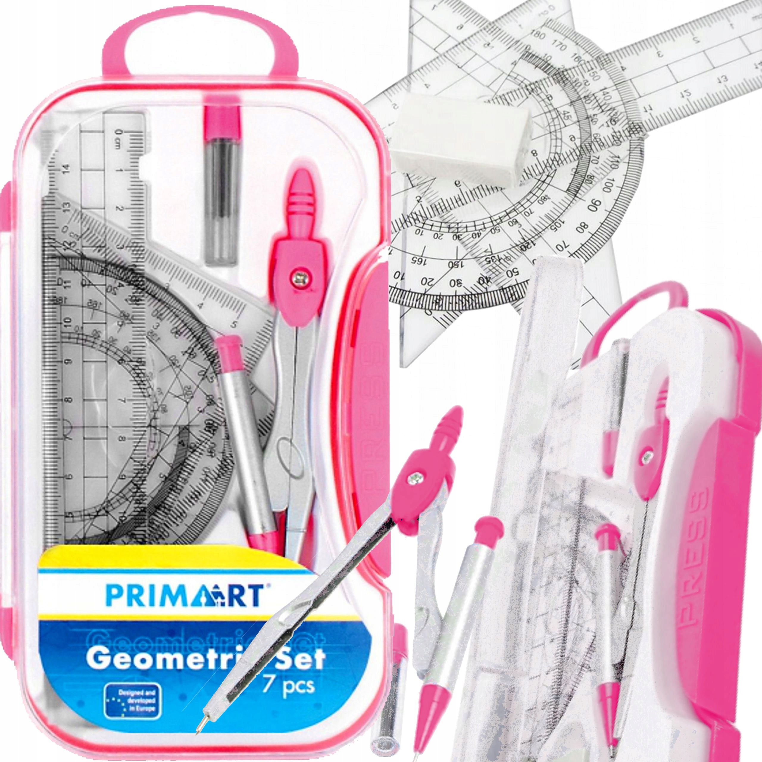 ZESTAW GEOMETRYCZNY SZKOLNY 7 ELEMENTÓW CYRKIEL LINIJKA KĄTOMIERZ 2 EKIERKI