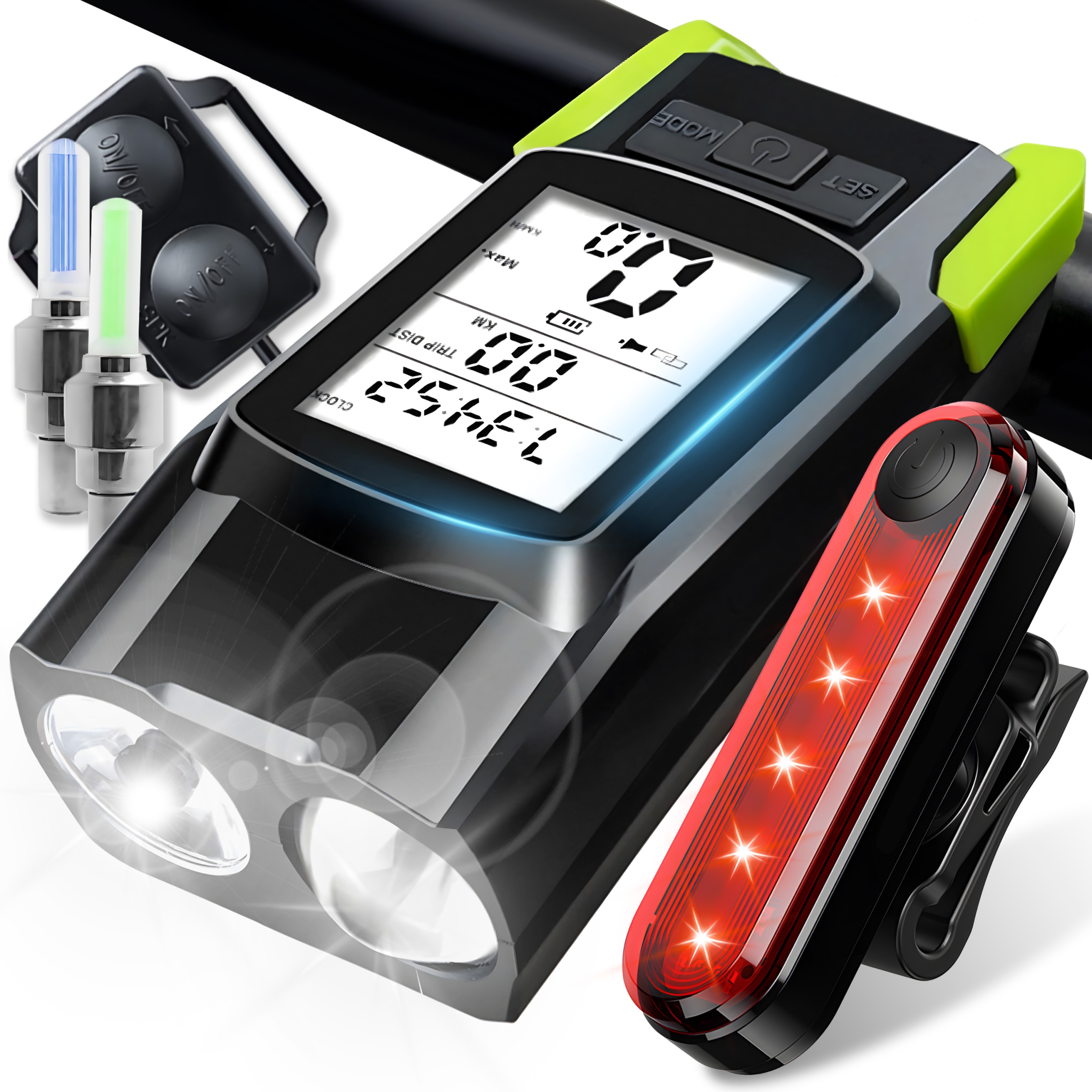 Lampka Rowerowa Latarka Wentyl Led+licznik+klakson Dzwonek Przód Tył Led