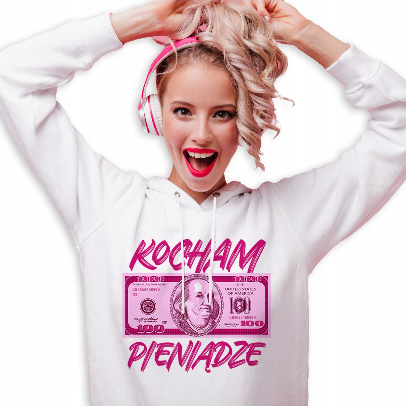 Mikina Bílá S Kapucí Dárek pro dívku, miluji peníze S