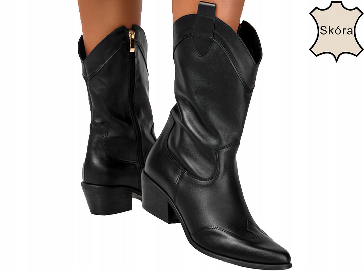

Botki Kowbojki Kozaki Na Niskim Obcasie Skóra Pl