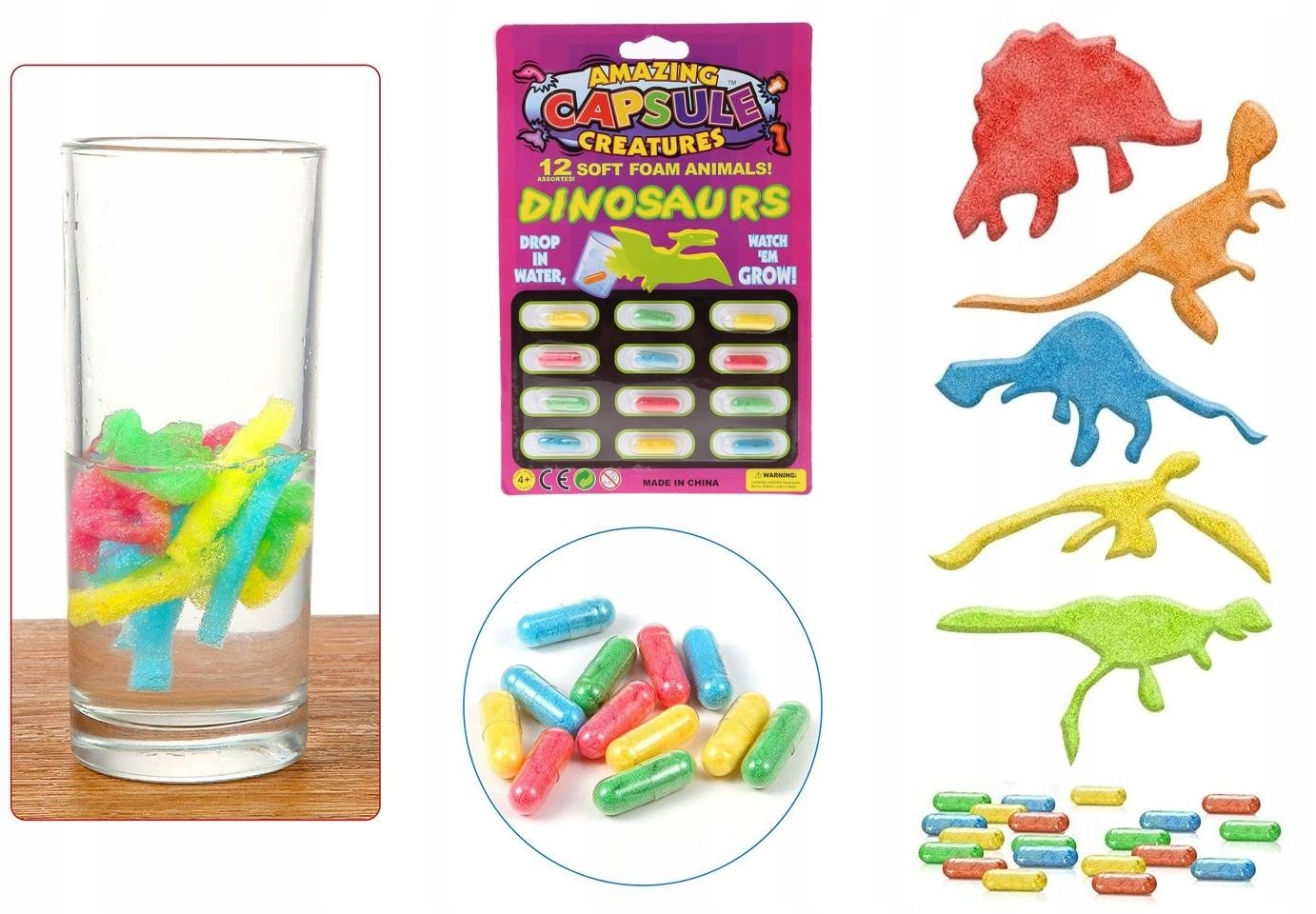 MAGICZNE KAPSUŁKI ROSNĄCE W WODZIE DINOZAURY WYKLUWAJĄCE SIĘ KAPSUŁY Materiał karton plastik