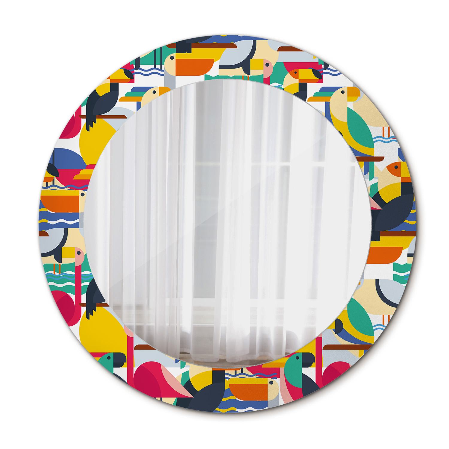 Kruhové geometrické zrkadlo s tropickými vtáky 60 cm