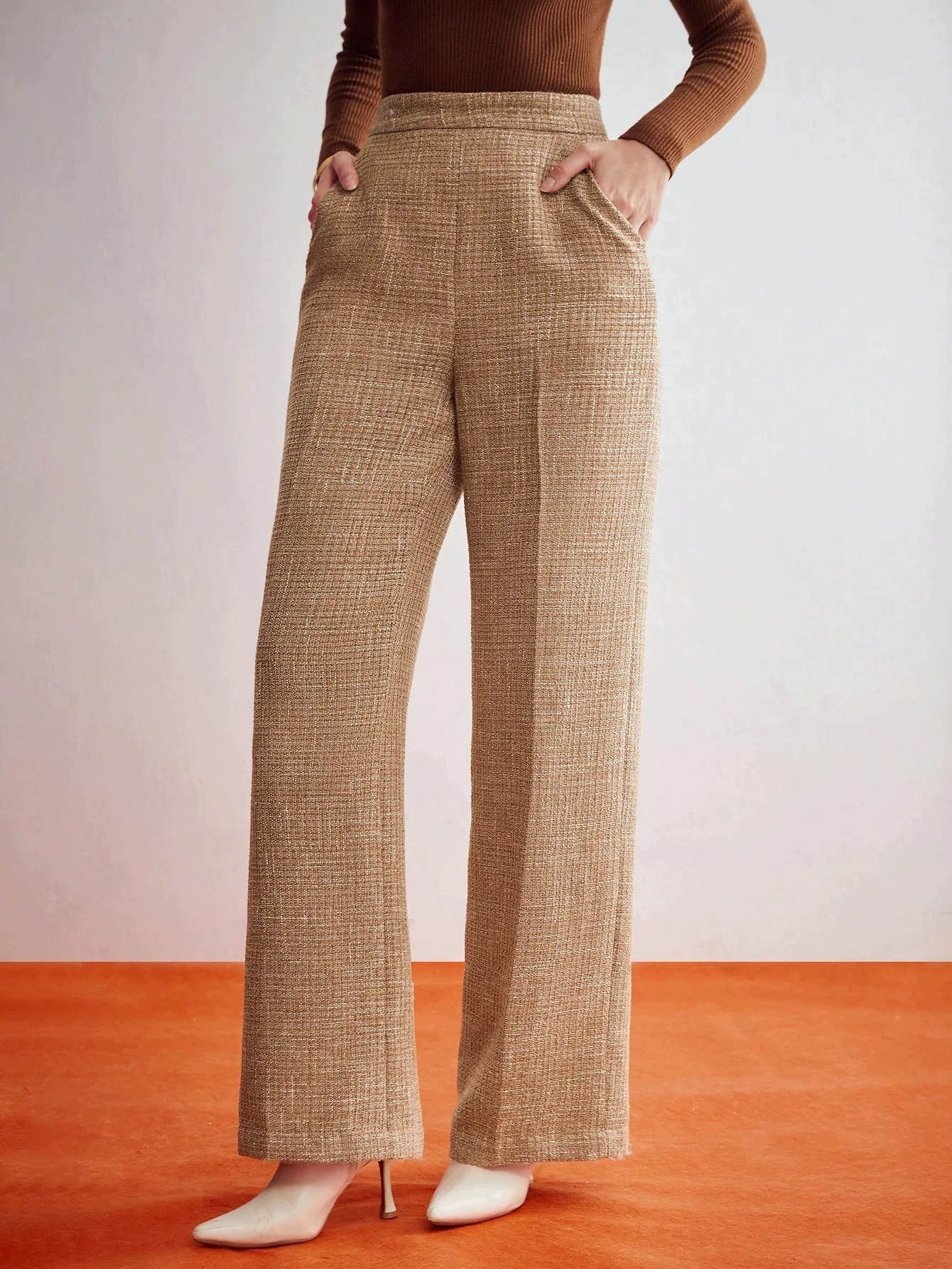 Dámské Tvídové Kalhoty Hnědé Mocha Wide Leg Vysoký Pas Elegantní S 36