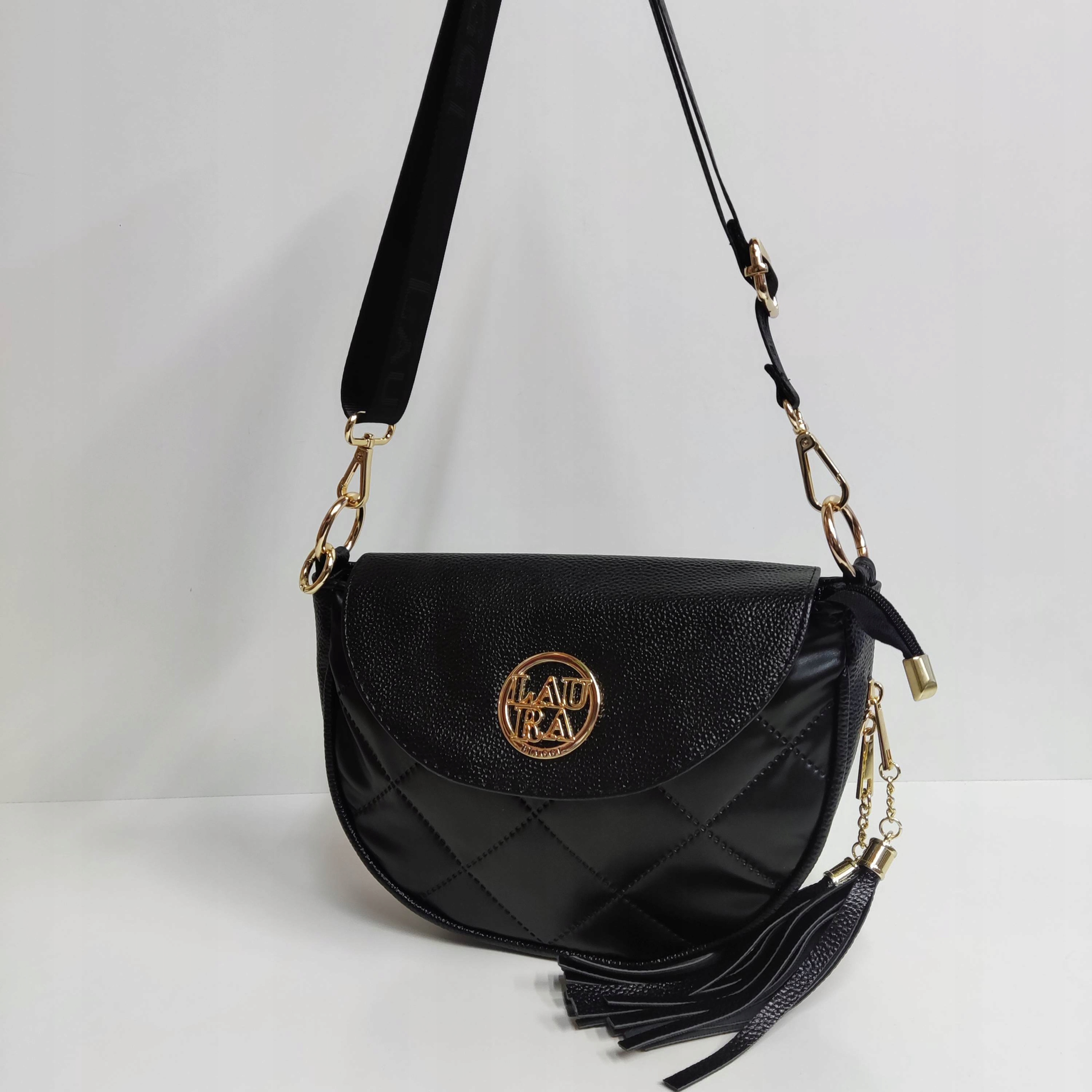 Torebka listonoszka Laura Biaggi czarna pikowana Wysokość 20 cm