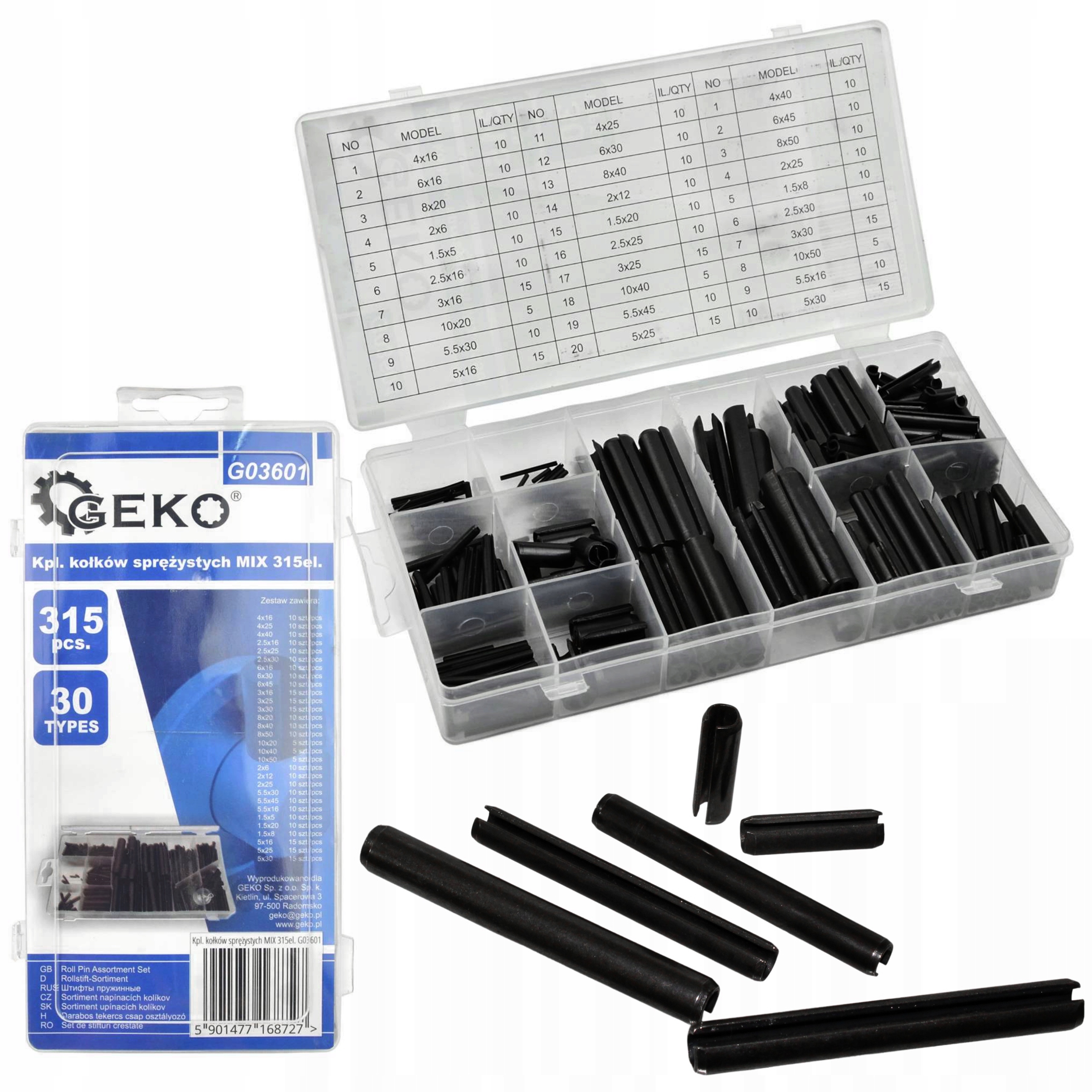 GEKO KOŁKI SPRĘŻYSTE TULEJKI ZAWLECZKI KOMPLET ZESTAW315 szt. SOLIDNE 03601