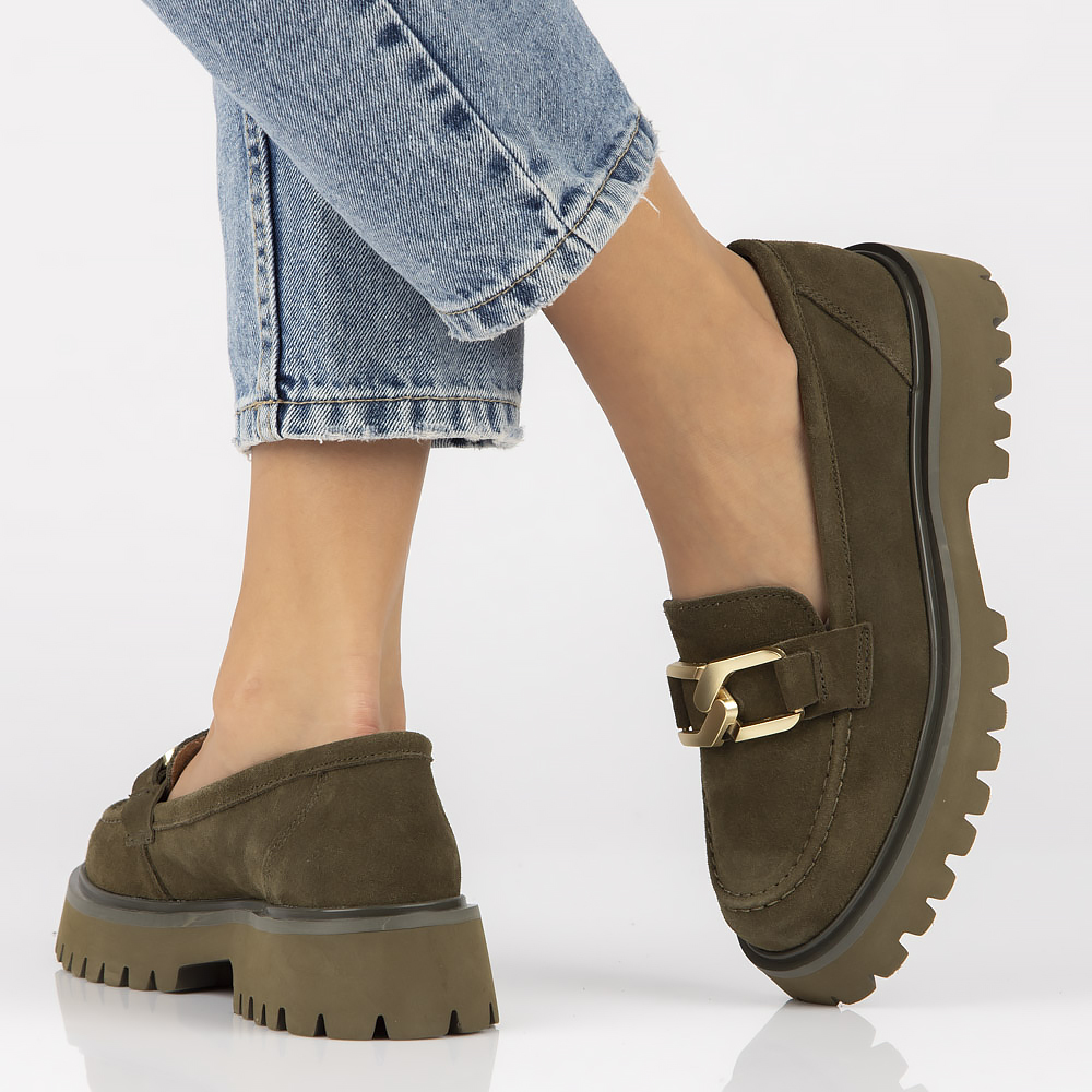 Skórzane mokasyny na platformie Filippo DP4916/23 KH khaki Model mokasyny