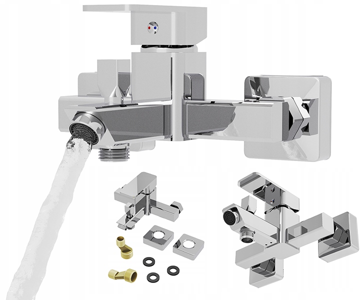 Strieborná vaňová nástenná batéria do kúpeľne Štvorcová hadicová prípojka Caro