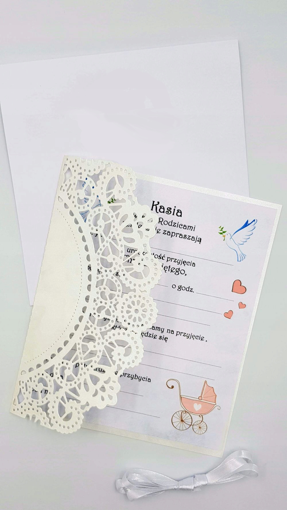 ZAPROSZENIA CHRZEST CHŁOPCA DZIEWCZYNKI BIEL BIAŁE Szerokość produktu 15 cm