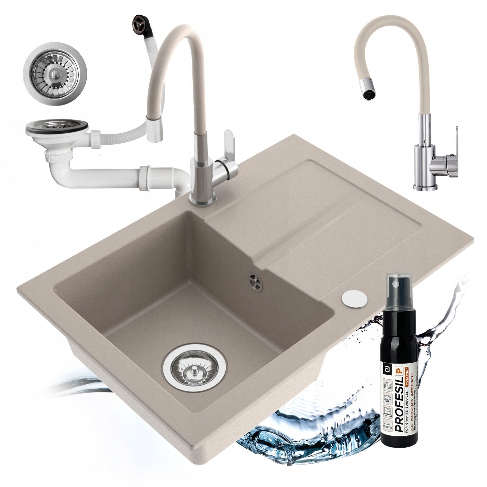 Granitový Drez Jednokomorový First Sada Sifón Batéria Flexibilná