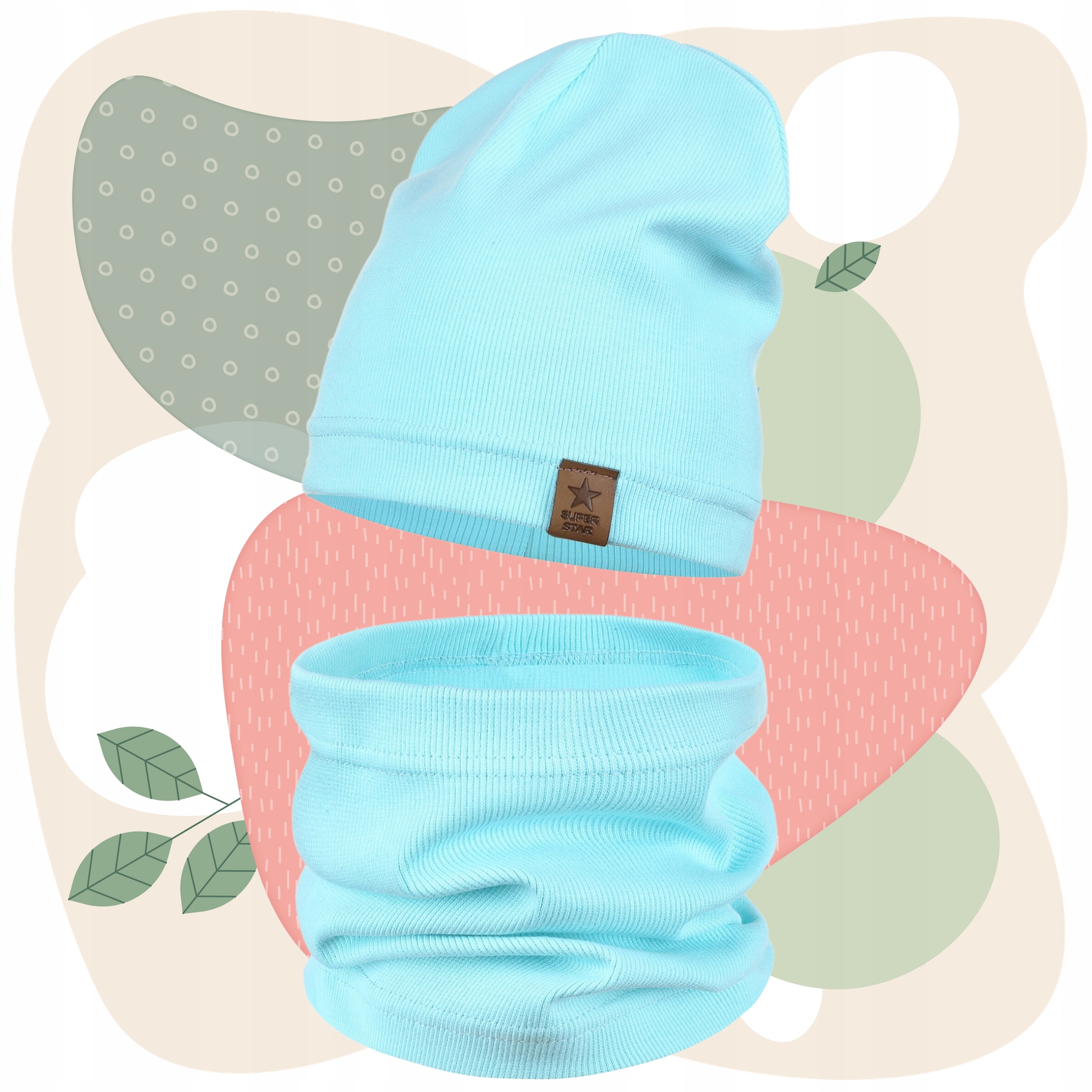 KOMPLET DZIECIĘCY BAWEŁNIANY CZAPKA KOMIN NA JESIEŃ ZIMĘ TURKUSOWY 48-52 Odcień turkusowy