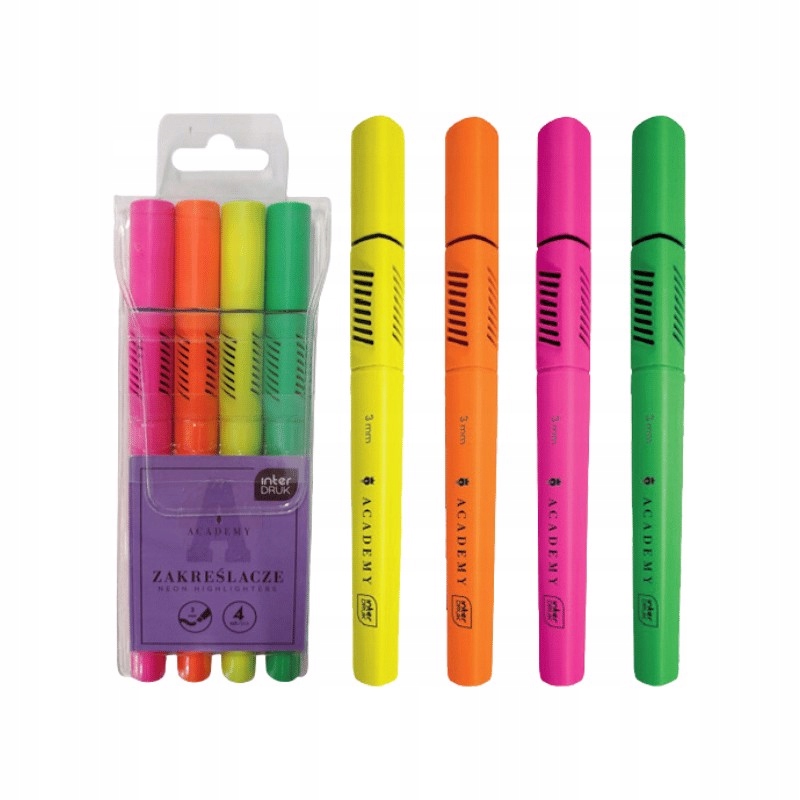 Zakreślacze Neonowe Academy 4 Kolory Interdruk