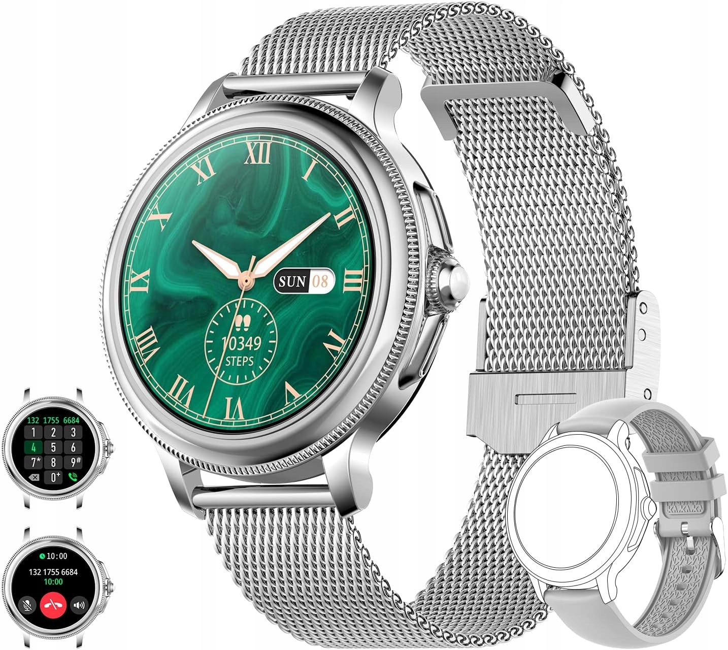 Smartwatch 1,2" Hd iOS Android Bluetooth Tepový Krokomer 2 Prúžky Strieborný