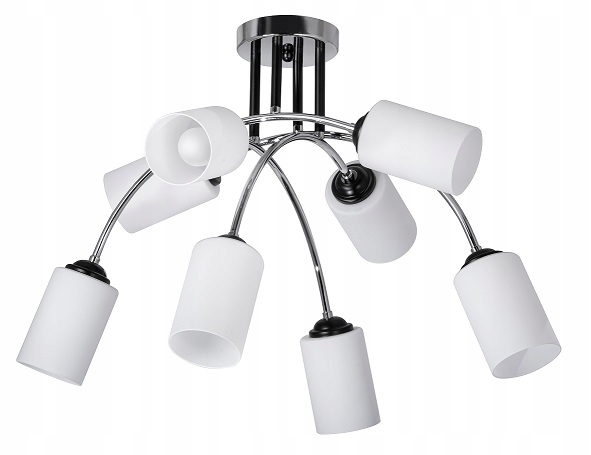 Moderní lampa s 8 mléčnými stínidly, chromová ozdoba pokoje nad stolem