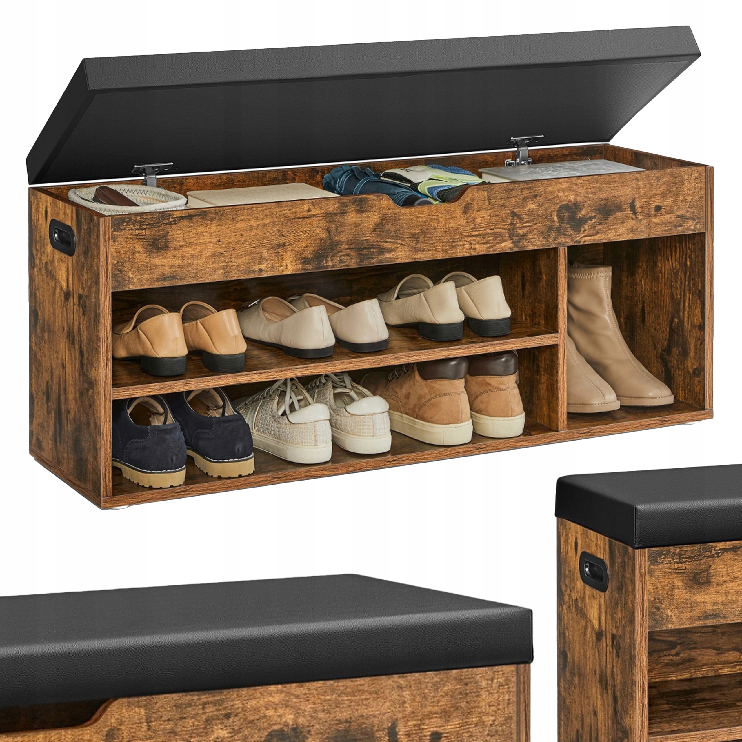 Priestranná rustikálna skrinka na topánky s mäkkým sedadlom a úložným priestorom loft