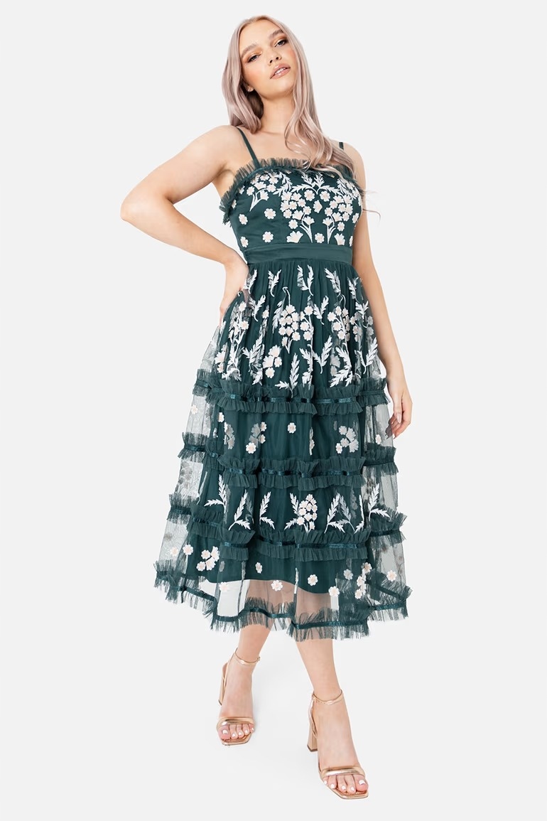 Maya Deluxe Šaty MIDI S Tylovými Volánky A Výšivkou 36 6FA