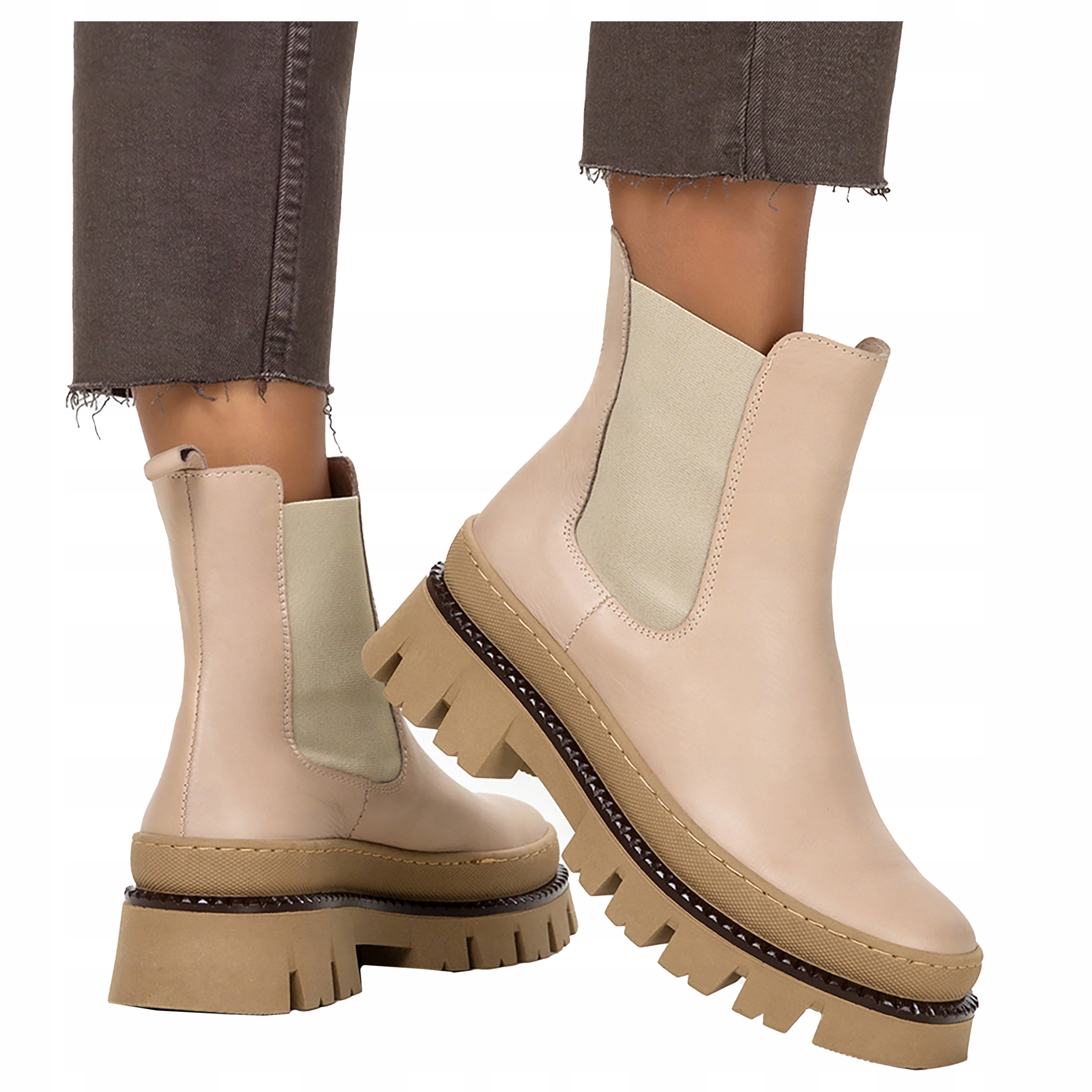 Kožené Dámské Kotníkové Boty Béžové Na Platformě Gumičky Polský vel. 40