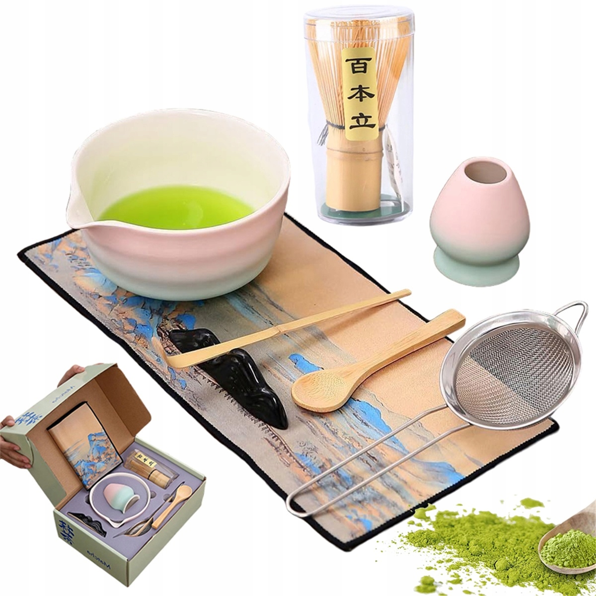 Sada na matcha, keramický gradient růží s lžící a bambusovou metličkou