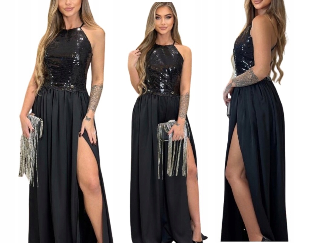 Vivian černá Dlouhá Šaty S flitry a rozparkem na ples, svatební hostina Xs