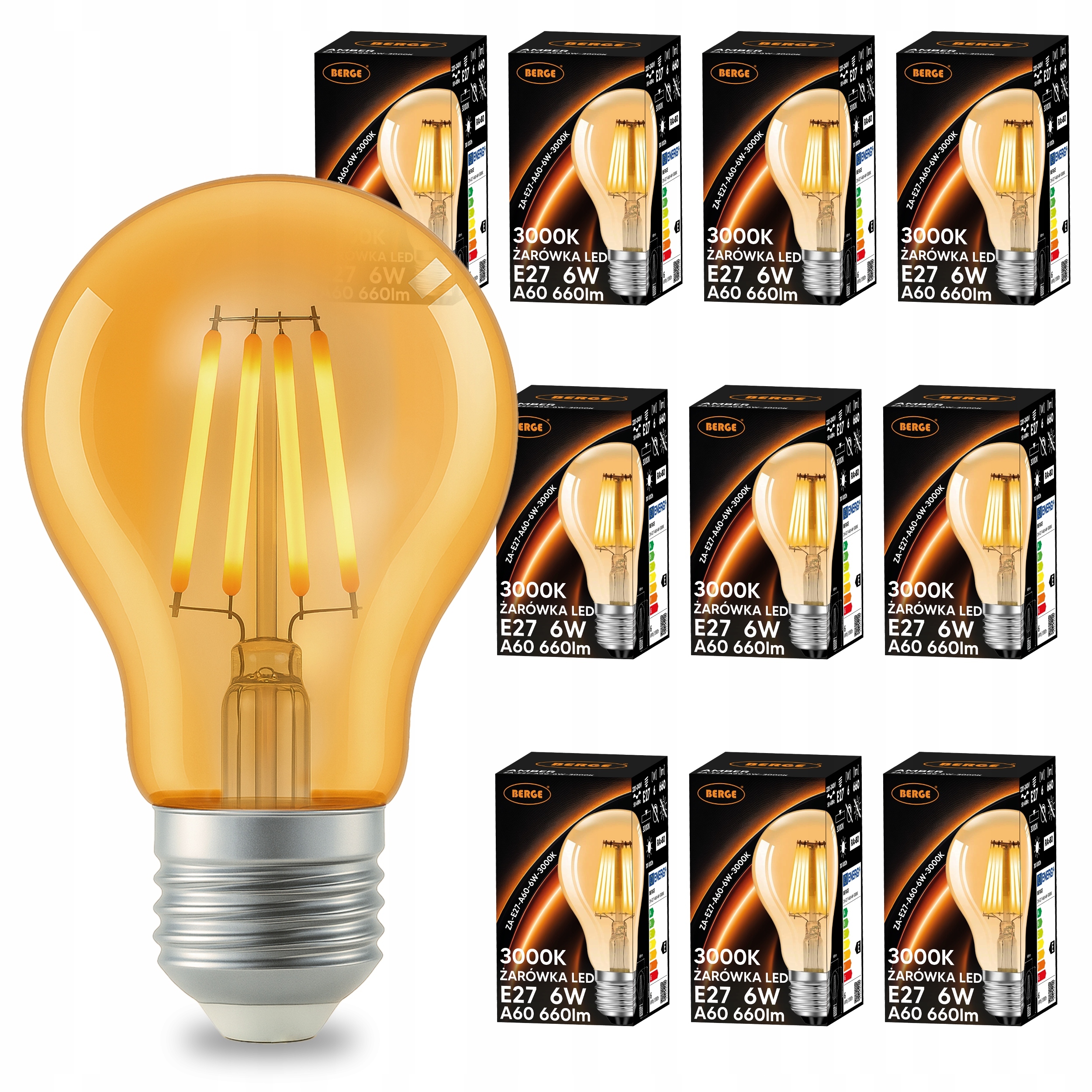 Led žárovka E27 A60 6W 50W 660lm 3000K Teplá filamentová Amber sada 10x