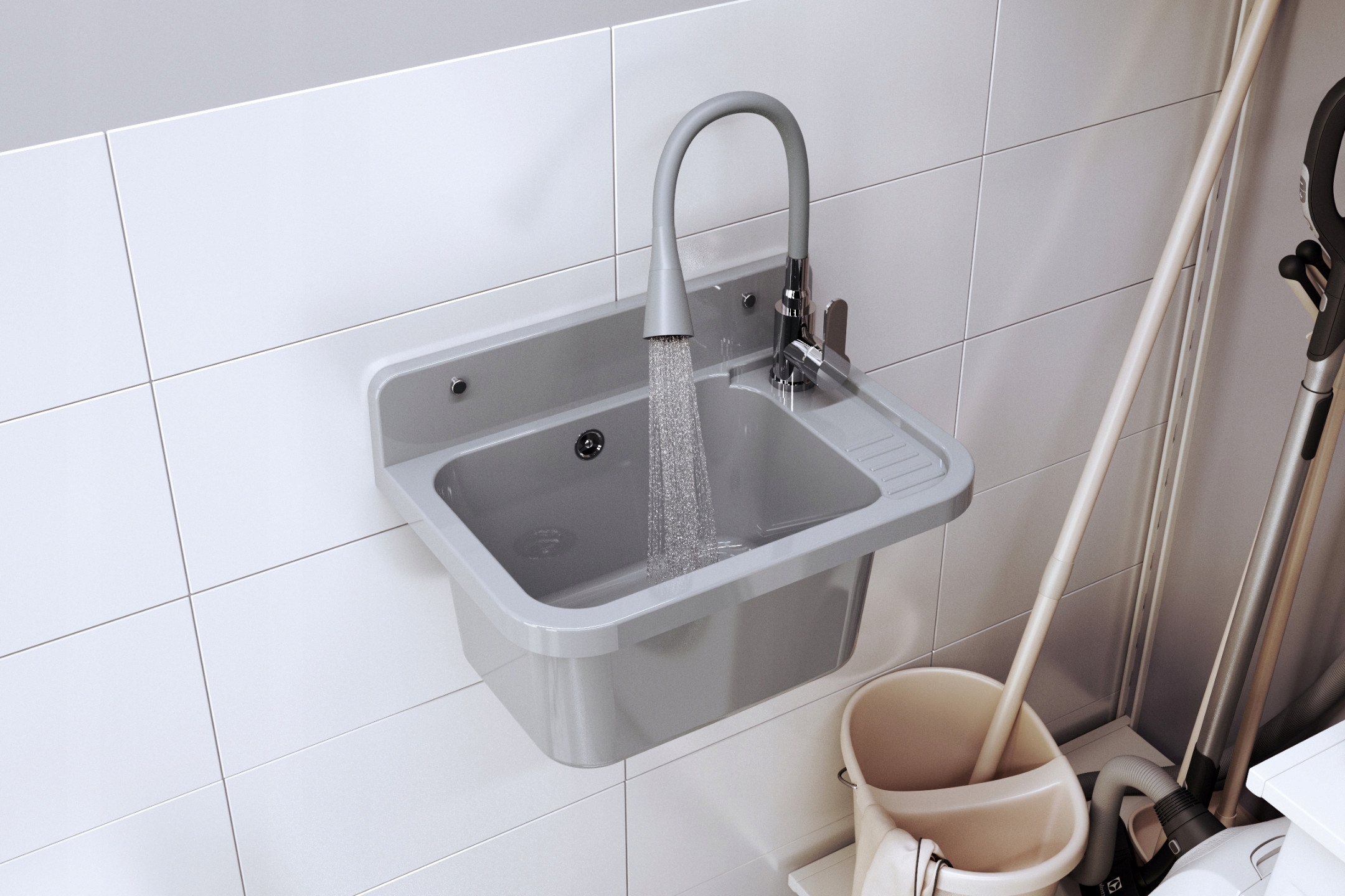 ZLEW GOSPODARCZY SZARY KOMORA TECHNICZNA BATERIA Z ELASTYCZNĄ WYLEWKĄ PARON Kod producenta PARON20022