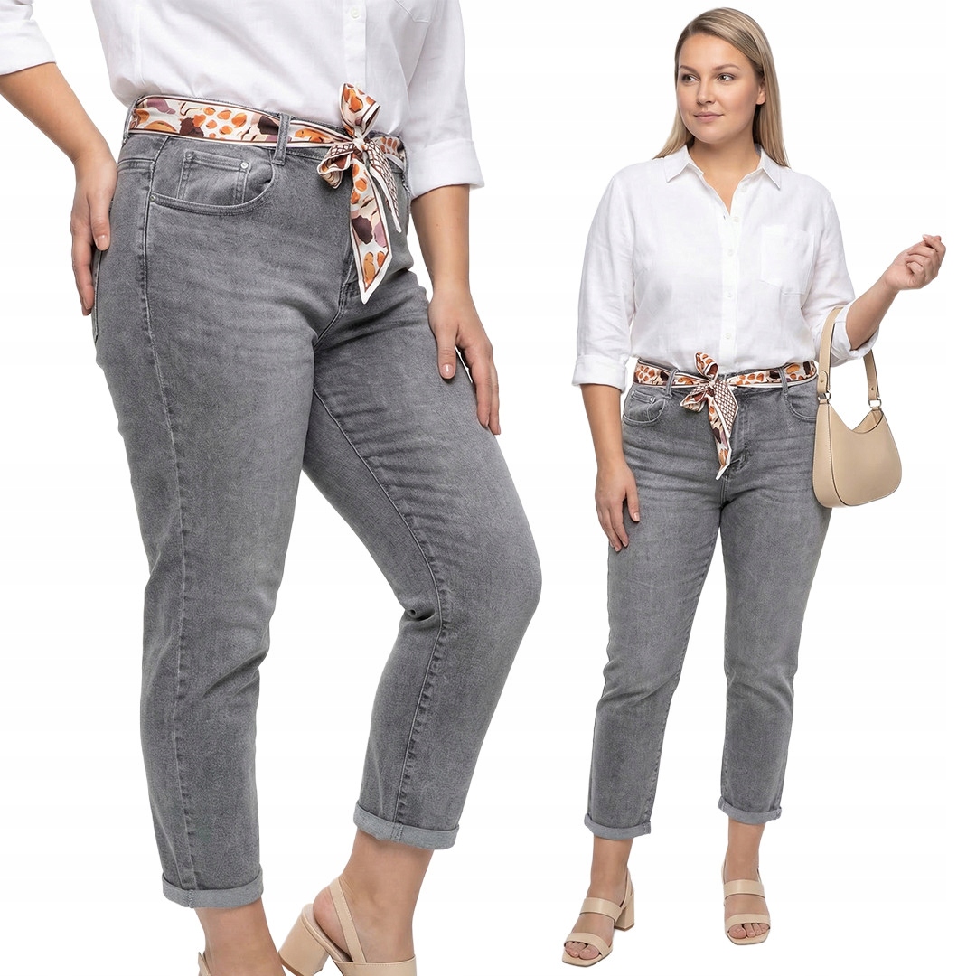 Szare jeansy ze wstążką plus size rozmiar 50