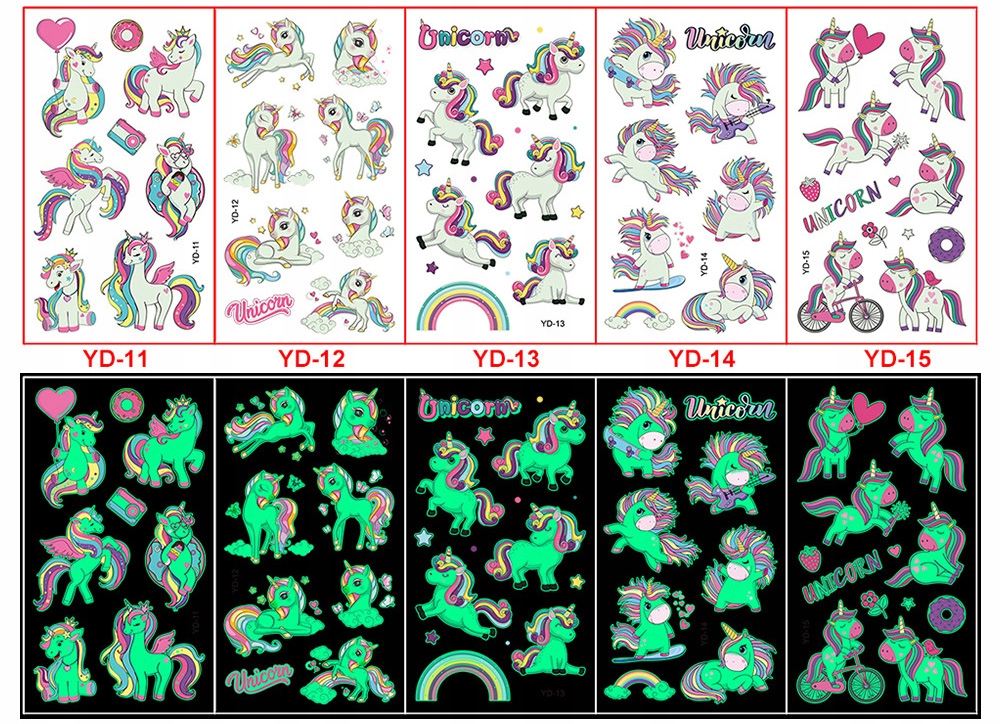 TATUAŻE ZMYWALNE DLA DZIECI 5 ARKUSZY TATUAZE SWIECACE W CIEMNOSCI