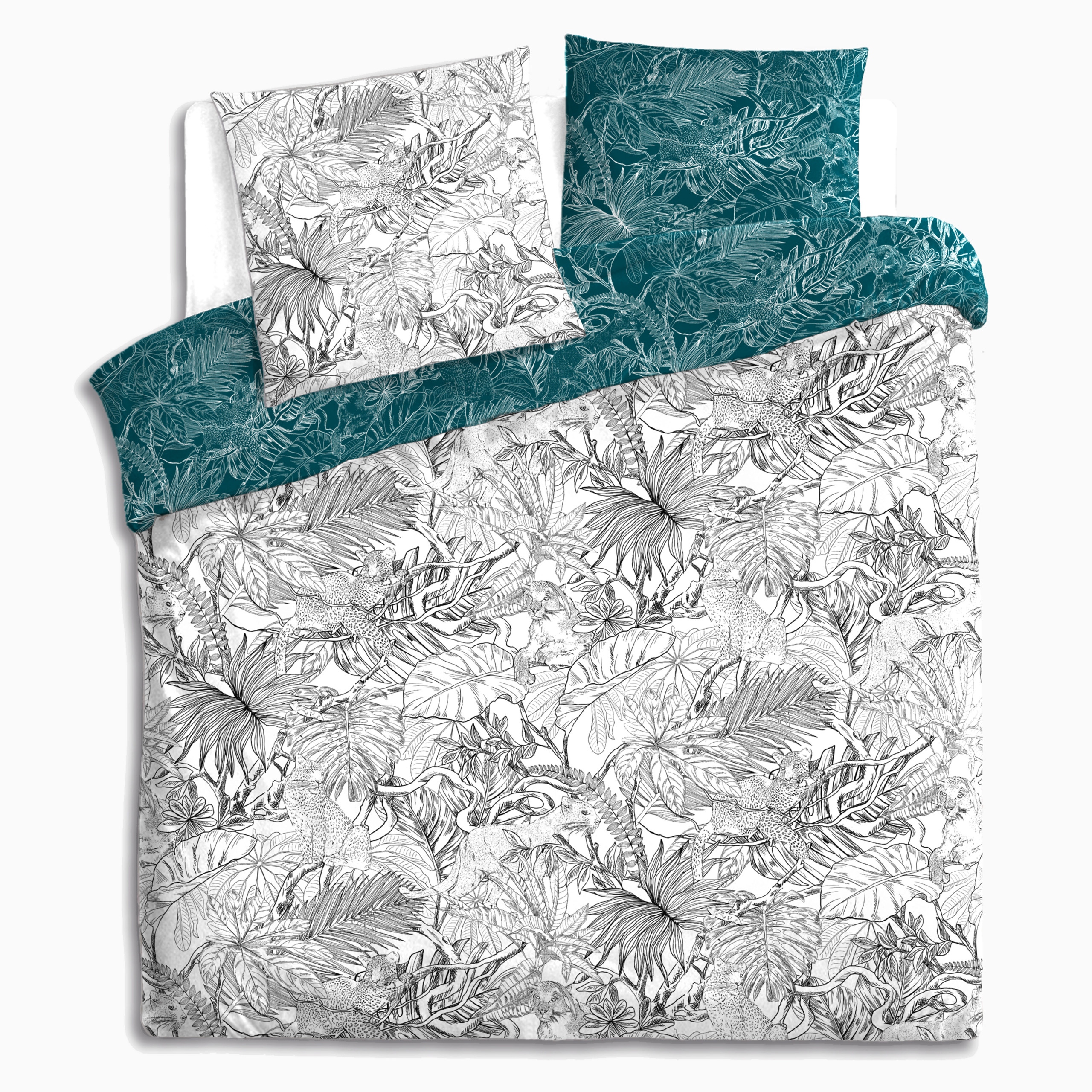 Dwustronna Pościel Bawełniana 240X220 CM Niebieski Roślinny Wzór Guziki