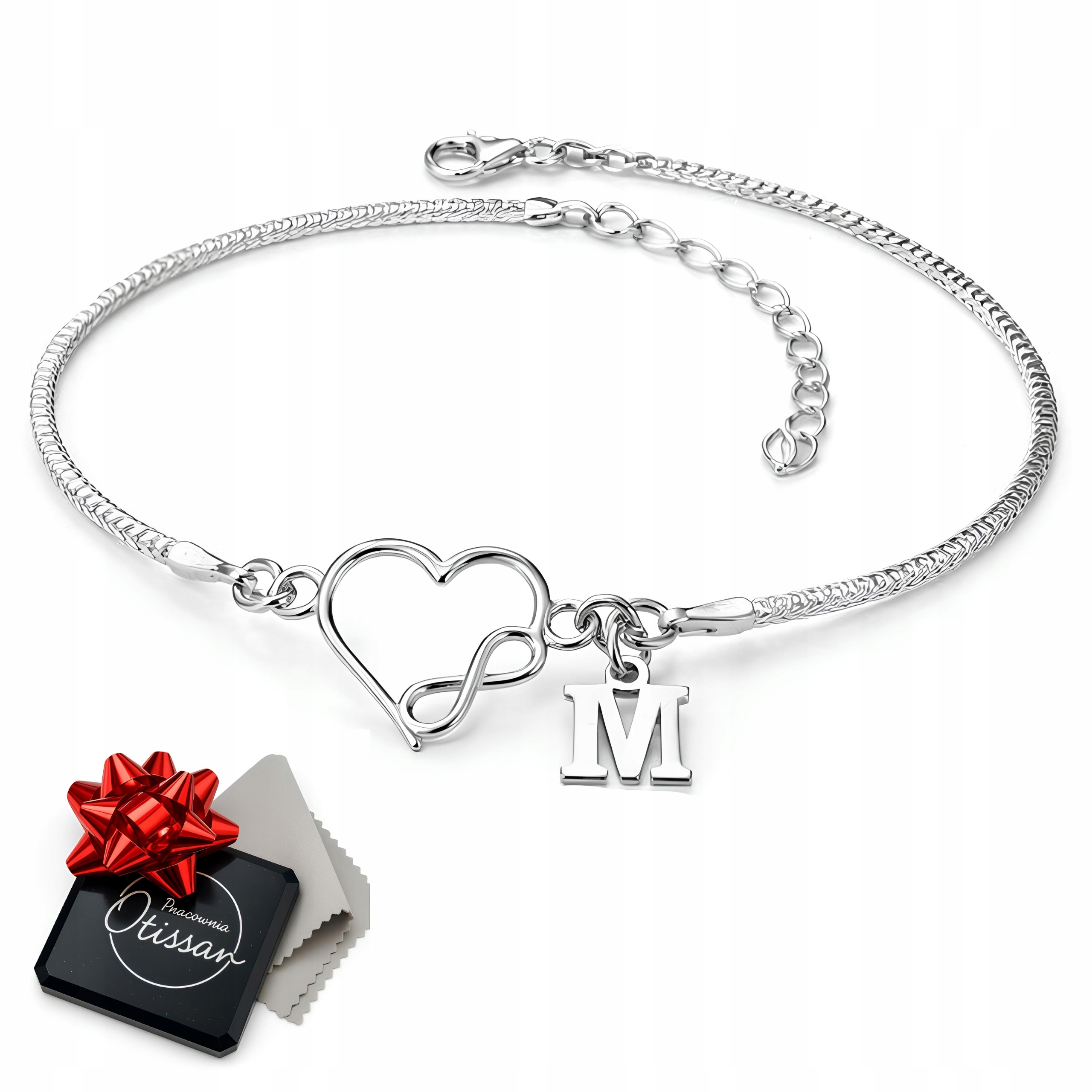 Bransoletka srebrna 925 serce nieskończoność litera na Dzień Matki