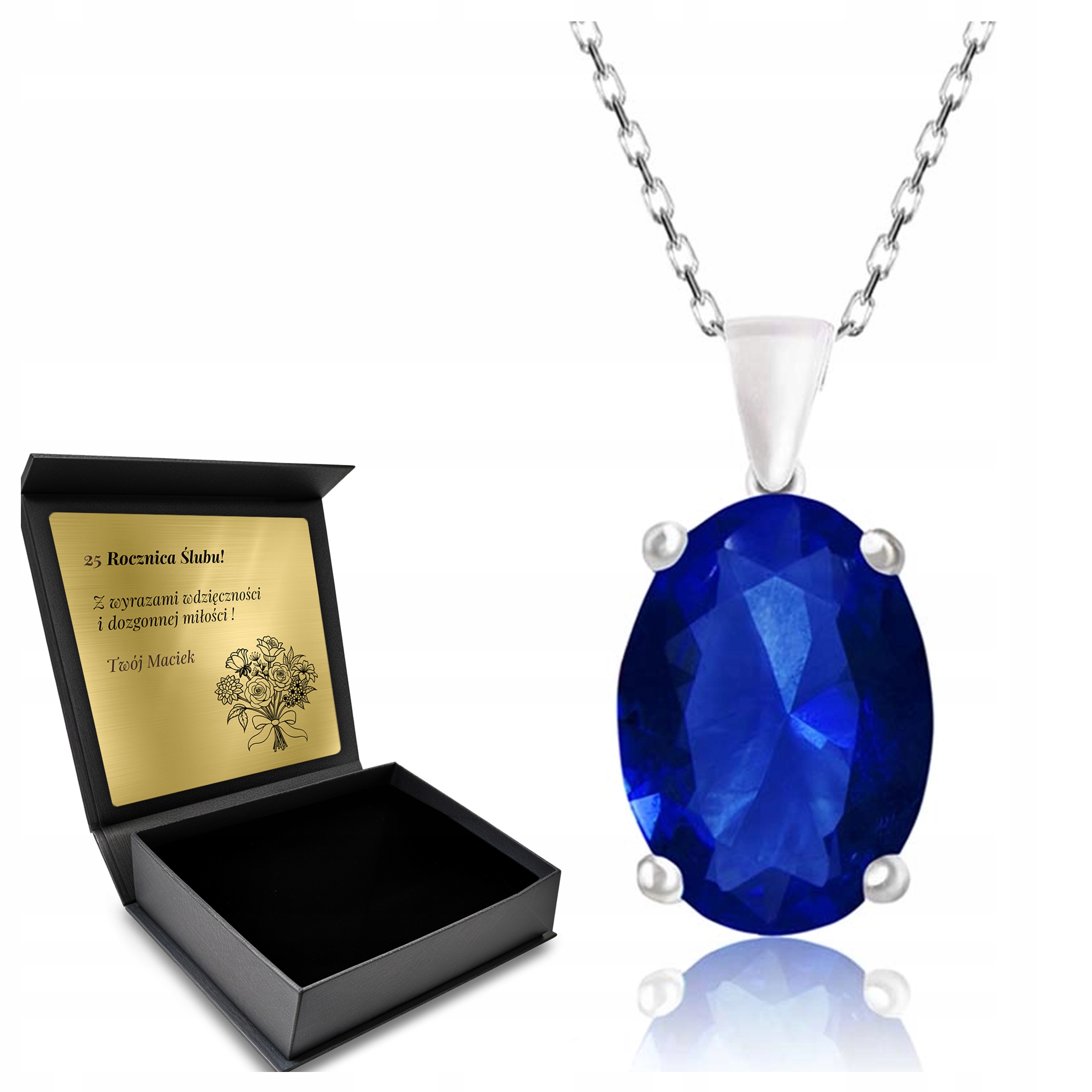 Stříbrný Náhrdelník 925 S Safírem Dárek pro ženu Gravírování Bonus