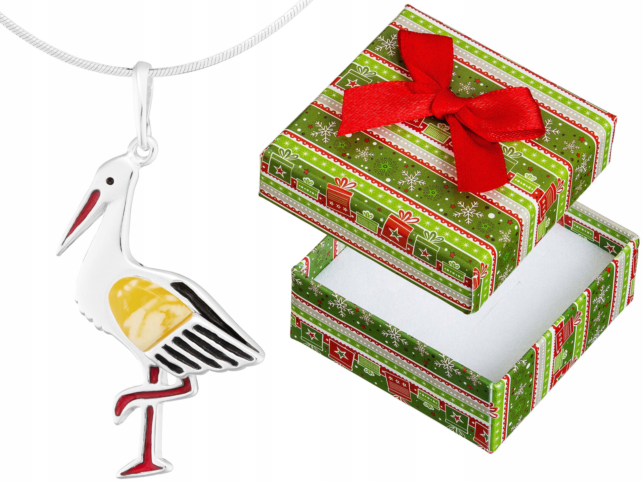 Krátký Stříbrný Dámský Náhrdelník Čáp s Jantarem a Smaltem Pták Choker 32 cm