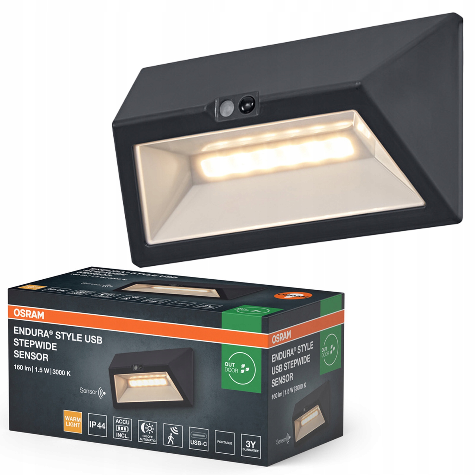 Zahradní nástěnné svítidlo Led lampa Snímač pohybu soumraku 1.5W 3000K IP44 Endura