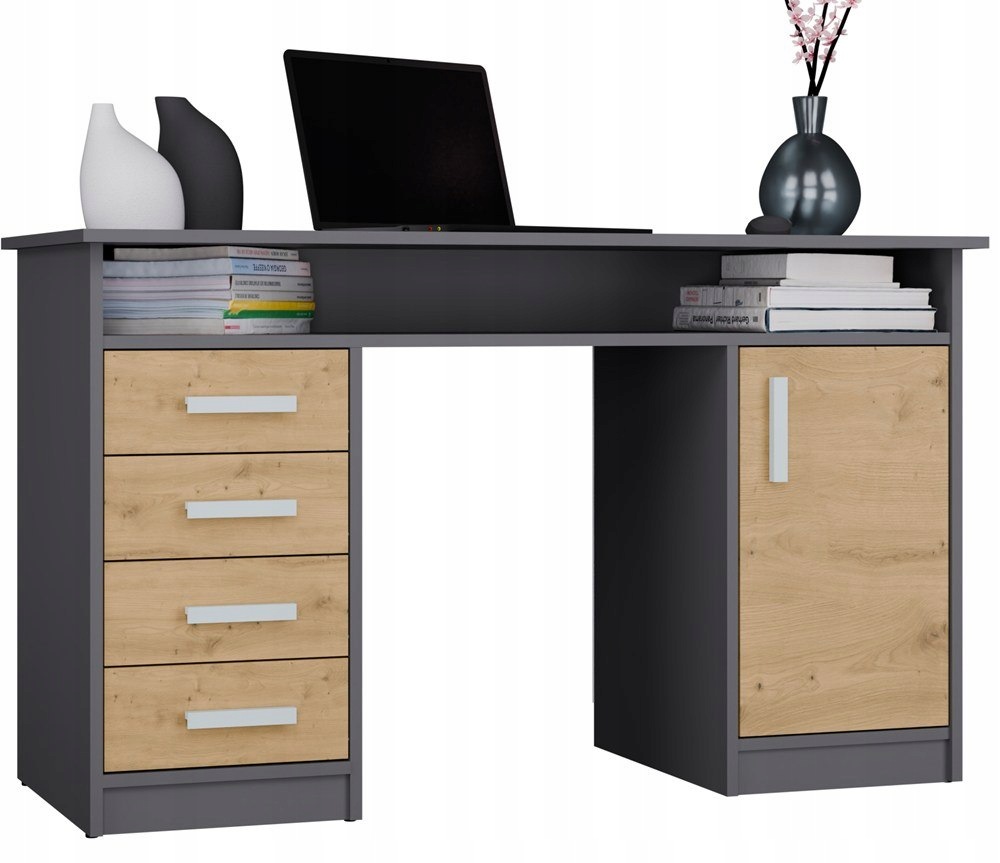 Biurko Ada Antracyt Dąb Artisan 125 Cm 4 Szuflady Szafka Półki Do Biura Pok