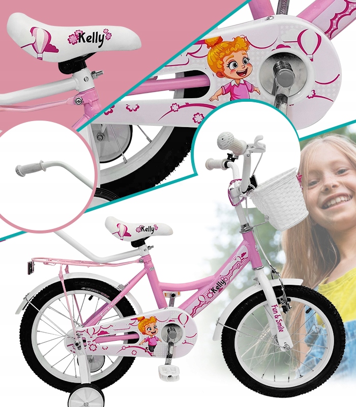 Rowerek Dziecięcy 16CALI Różowy Dzwonek Hamulec Koszyk Bagażnik Koła Boczne