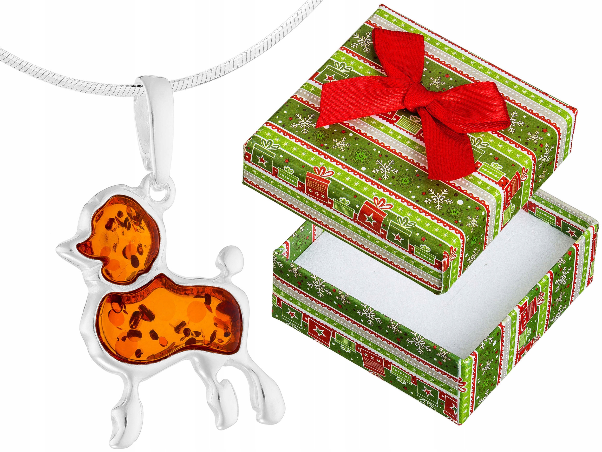 Dlouhý stříbrný dámský náhrdelník Pudl s jantarem Pes Jantar Stříbro 60