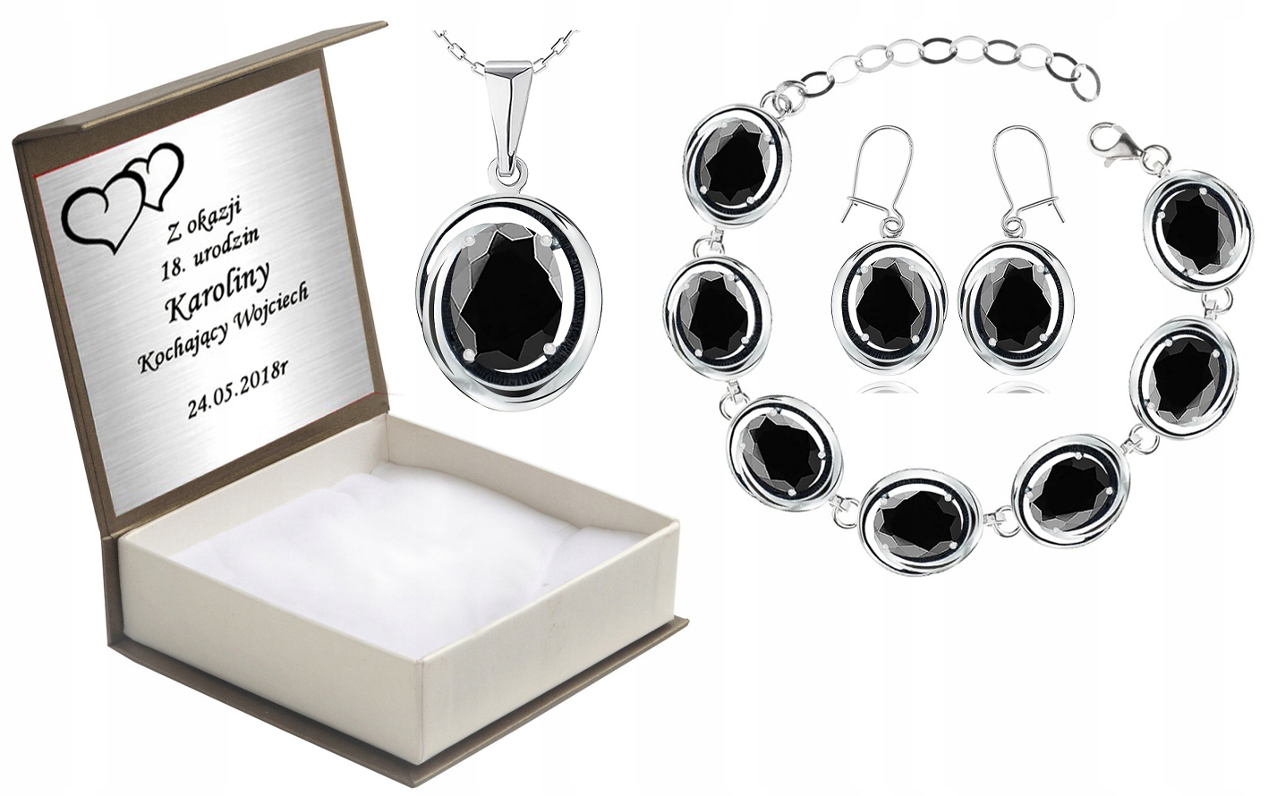 

Komplet Biżuterii Z Czarnymi Cyrkoniami + Grawer