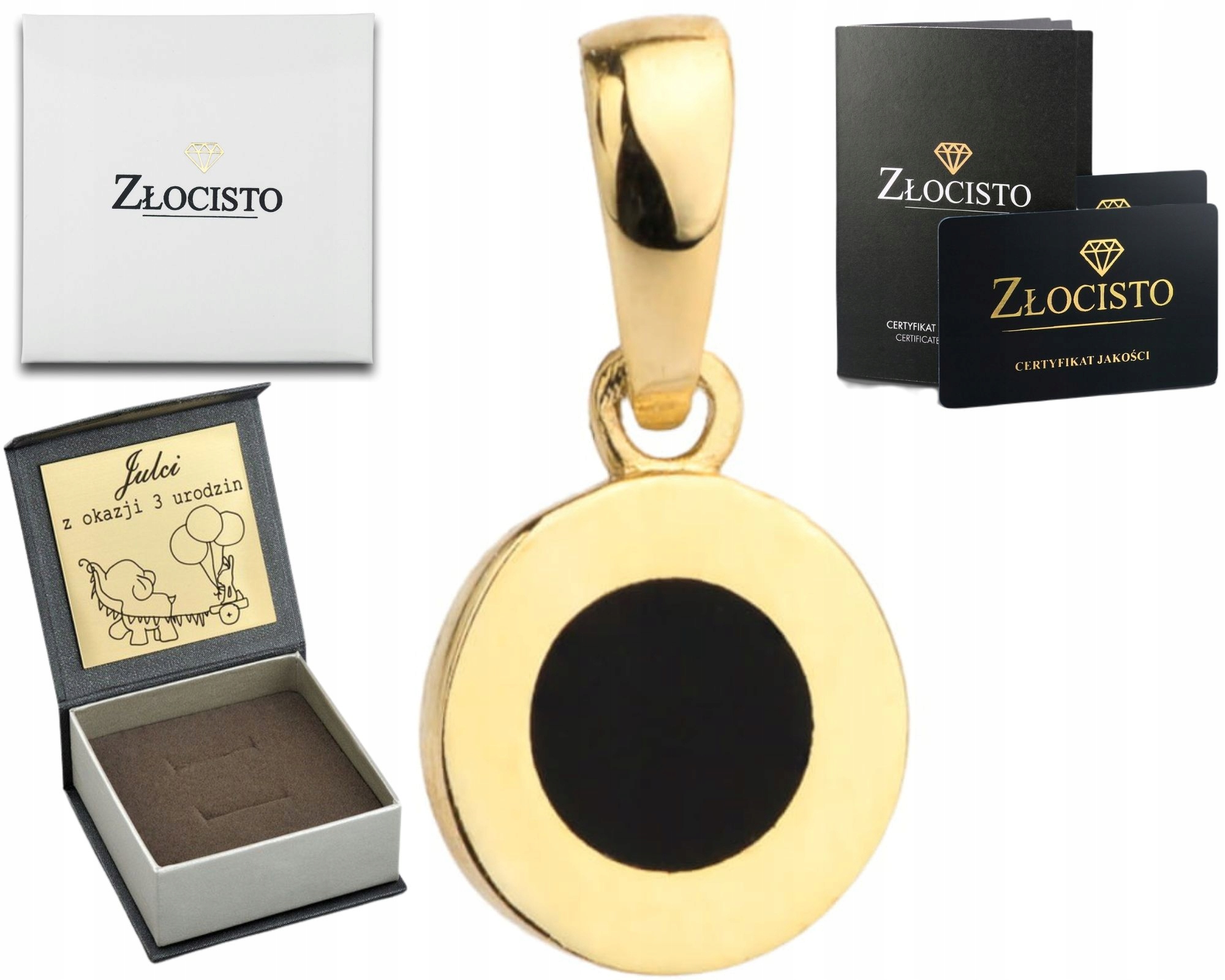 Zlatý Přívěsek Černý Kruh 585 Dárek Gravírování Pro Ženu